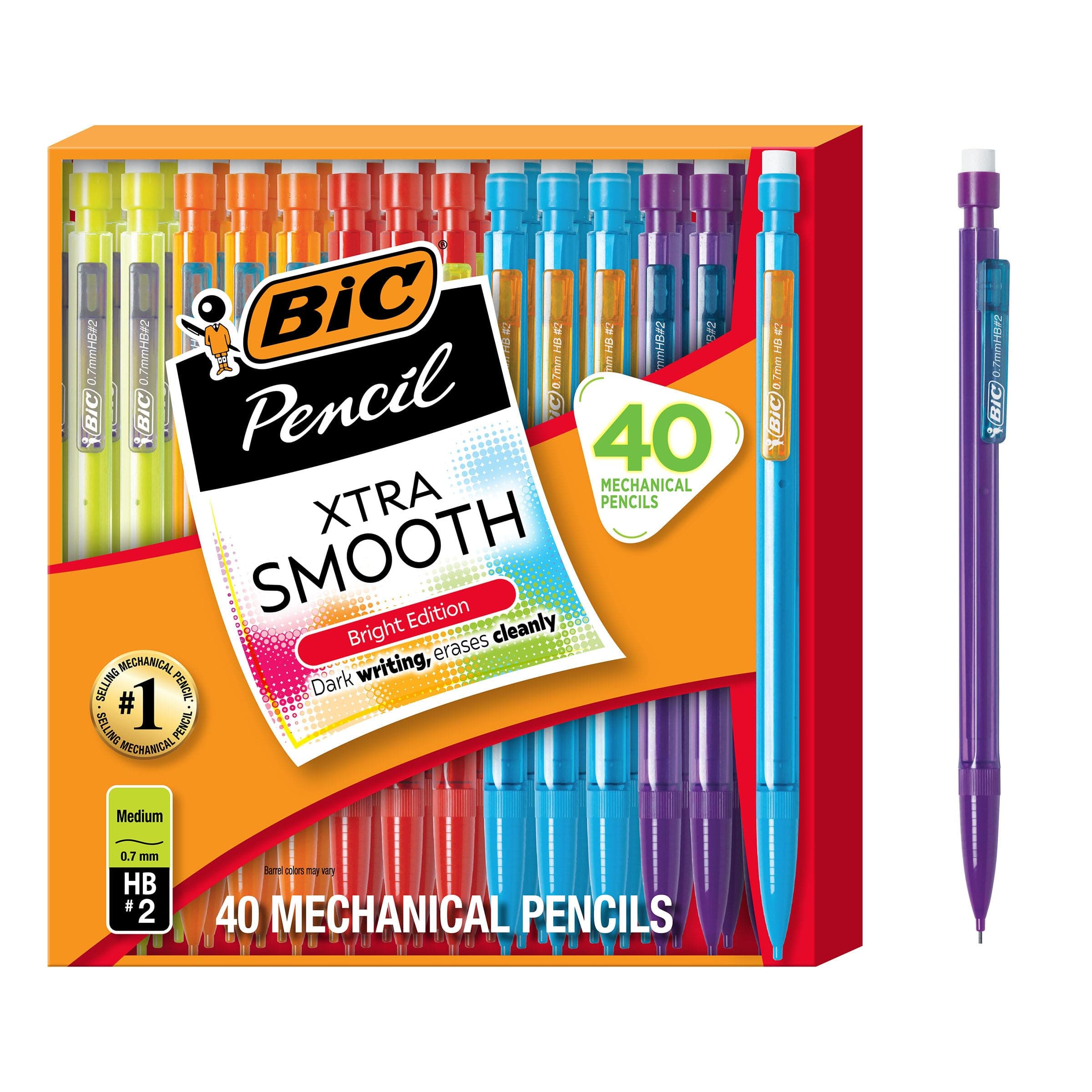 BIC Xtra Smooth Bright Mechanical Pencil, 0.7 mm Medium Point, Refillable & Retractable, 40-Count Bright Edition 40 Count (Pack of 1)
