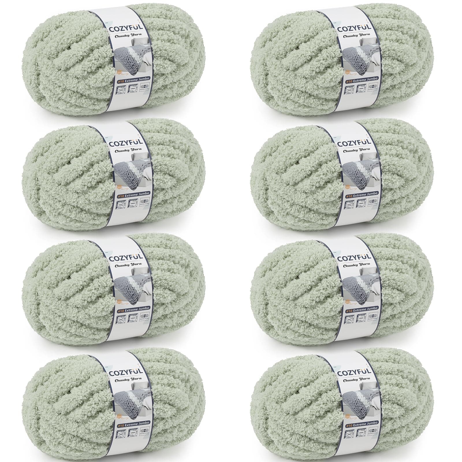 Chunky Yarn for Hand Knitting - #10 Chunky Chenille Yarn, Jumbo Big Thick Chunky Yarns for Crocheting, Super Bulky Chunky Knit Blanket Yarns, 8 Skein (25 yds 8 oz Each Skein), Sage Green 8 Pack Sage Green
