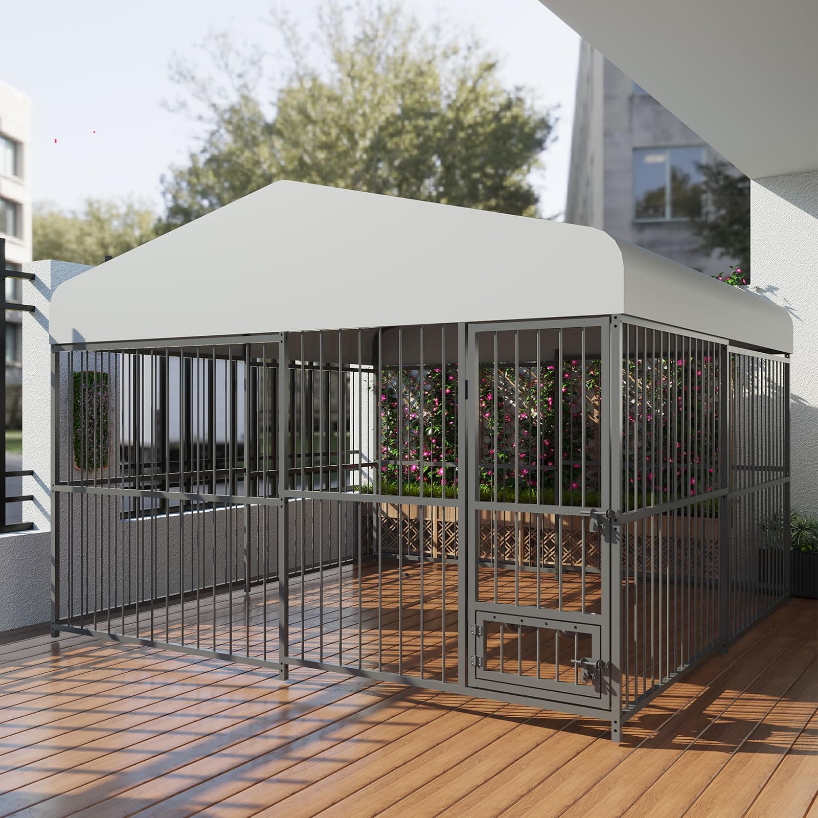 10x10x6 FT Large Dog Kennel Outdoor, Heavy-Duty Outdoor Dog Cage with Lock and Waterproof Roof, Swivel Stainless Steel Feeding Bowl- Easy Assembly for Medium & Large Dogs. 10x10x6FT