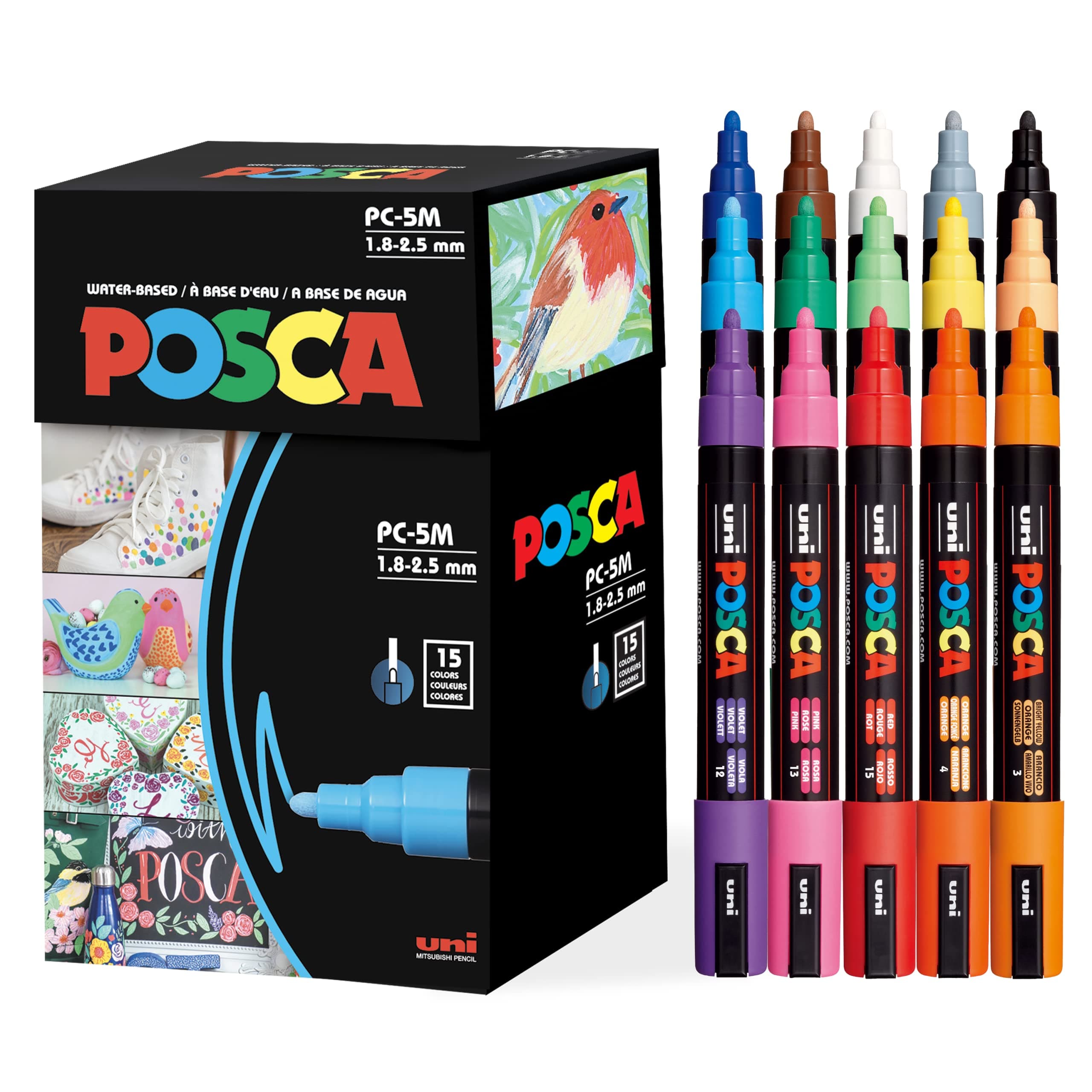 Posca Paint Art Markers, Set of 15 5M Medium Acrylic Markers with Reversible Tips, Artist Recommended Paint Pens for Gifts, Decorations, Fabric, Metal, Windows, Wood and Canvas Assorted Assorted