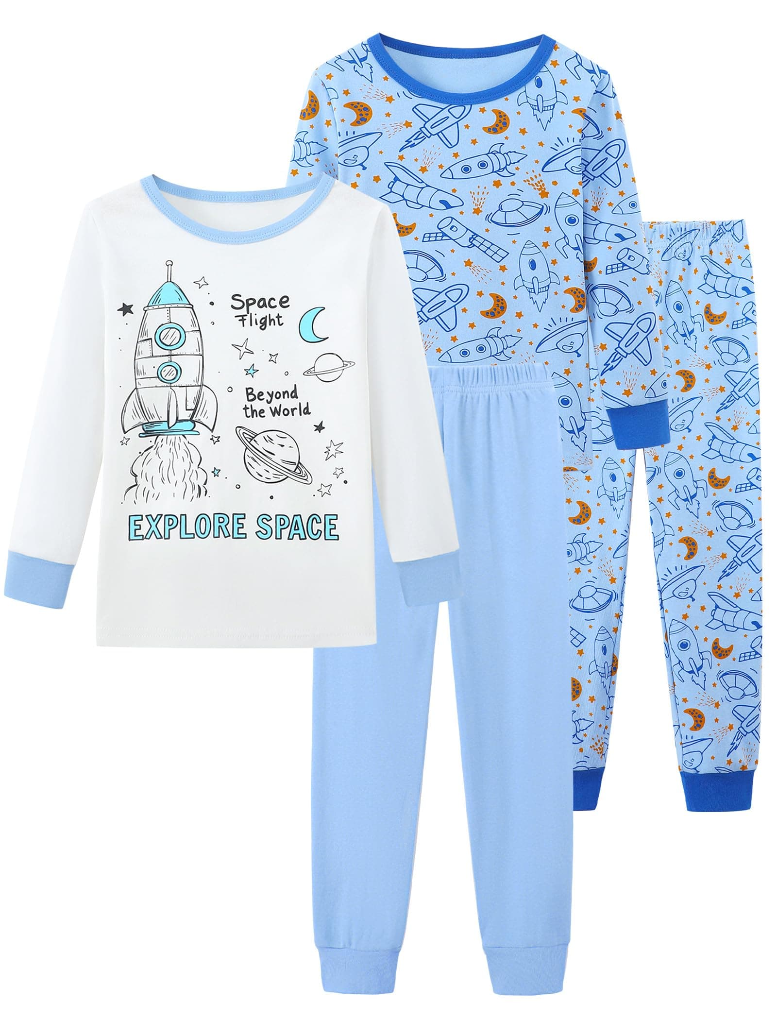 Mikrdoo Boys Pajamas 4-Piece Set Long Sleeve Cotton Stretch Breathable & Soft Snug Fit Sleepwear for Kids 2-12Years White&blue Spaceship 7 Years
