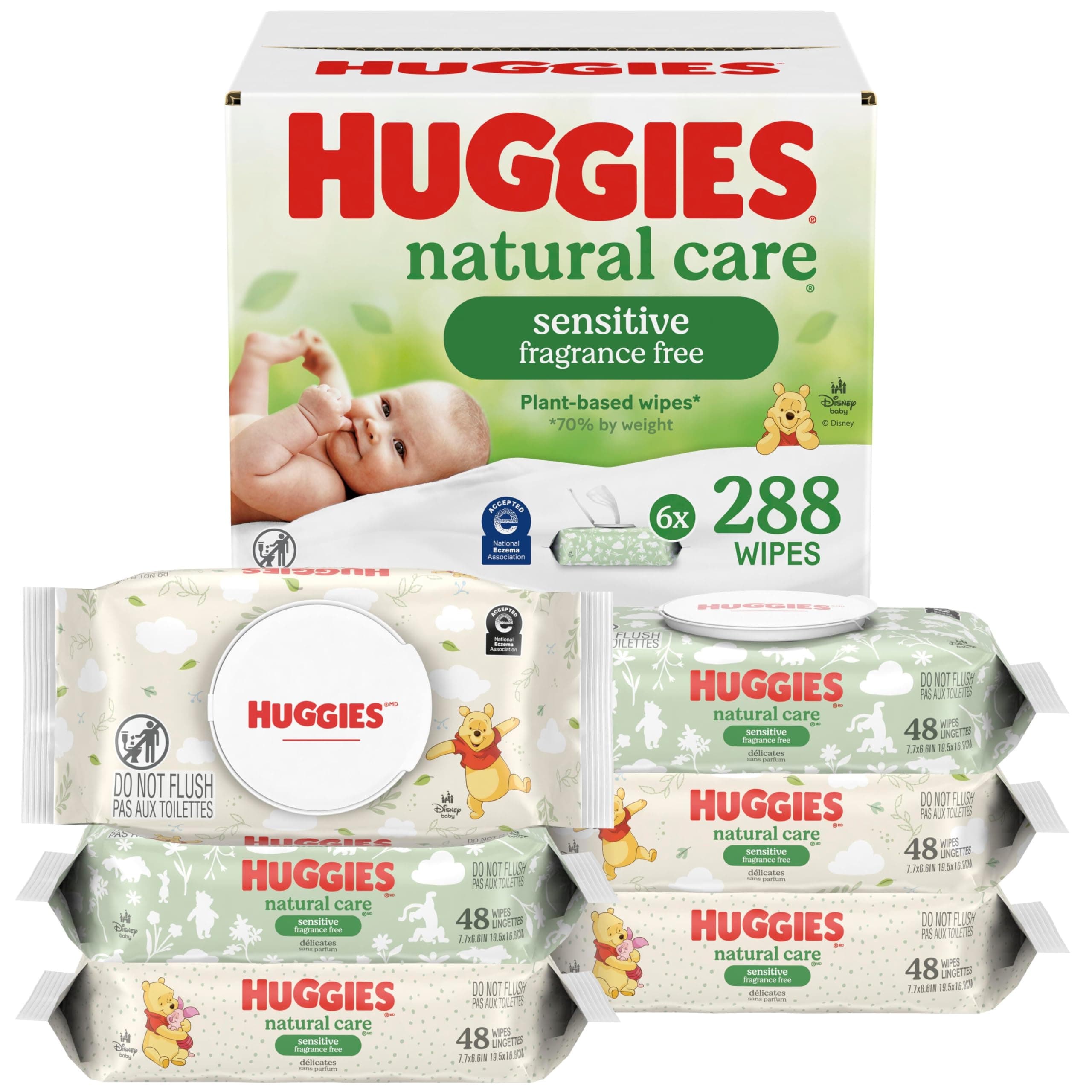Huggies Natural Care Sensitive Baby Wipes, Sin fragancia, Hipoalergénicas, 6 Paquetes con tapa (288 Toallitas en Total) 48 Conteo (Paquete de 6)