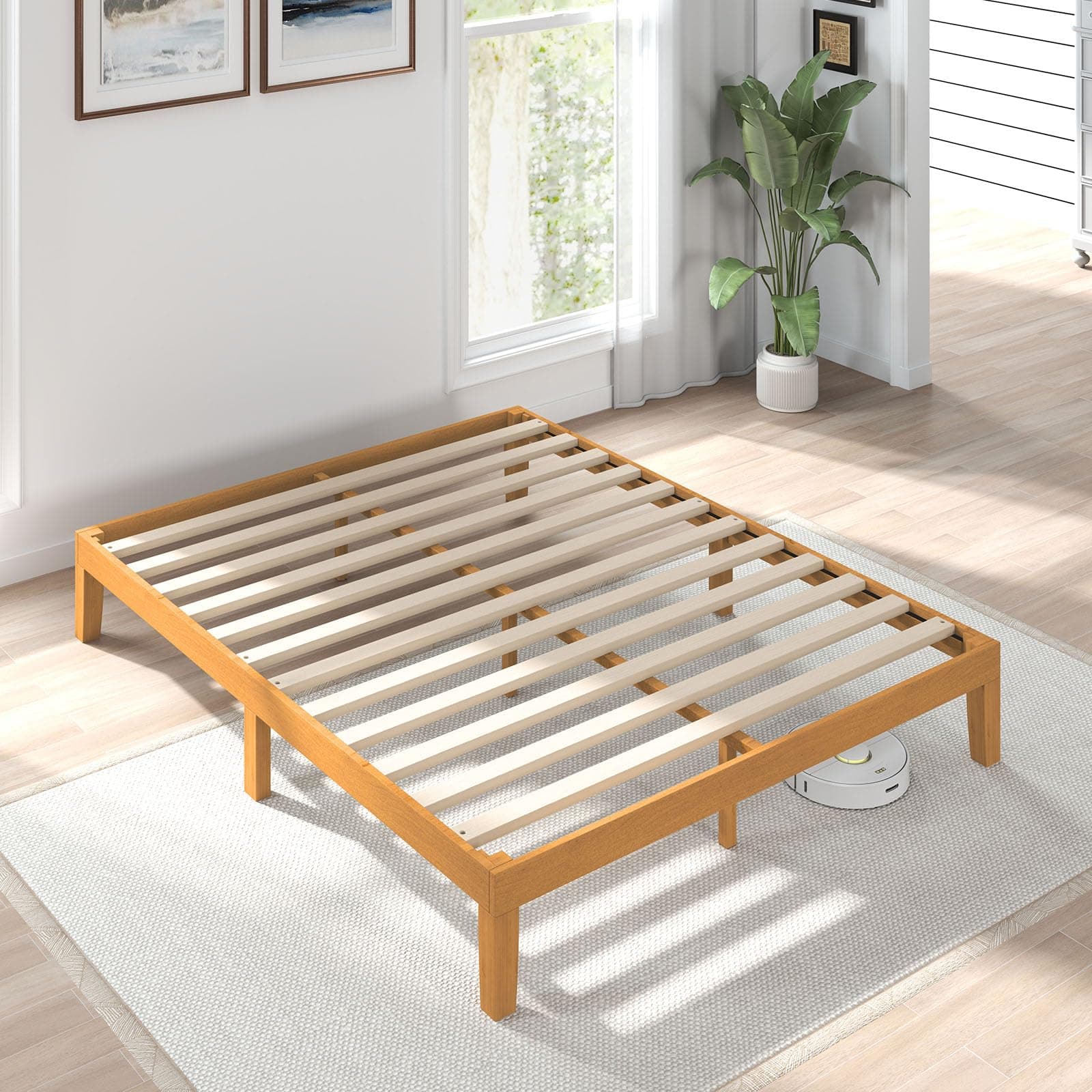 Sweetcrispy Solid Wood Bed Frame, Full Size Bed Base with Wood Slat Support, Sturdy, Stylish & Noise-Free Design, No Box Spring Needed, Easy Assembly, 12 in Natural Pine Brown Full Size