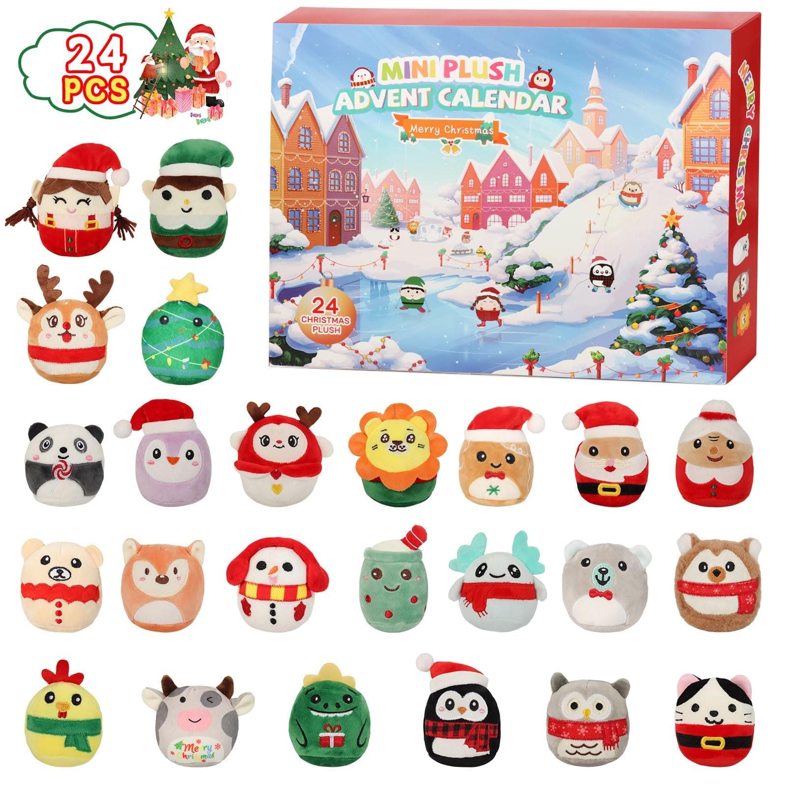 Advent Calendar 2025 with Cute Plush Toys - 24 Days Surprise Plush Advent Calendar Contains 24 Collectible 3.15in Kawaii Squishy Plushies, Soft Mini Stuffed Animal Christmas Gift for Kids Teen Boys Girls Adult