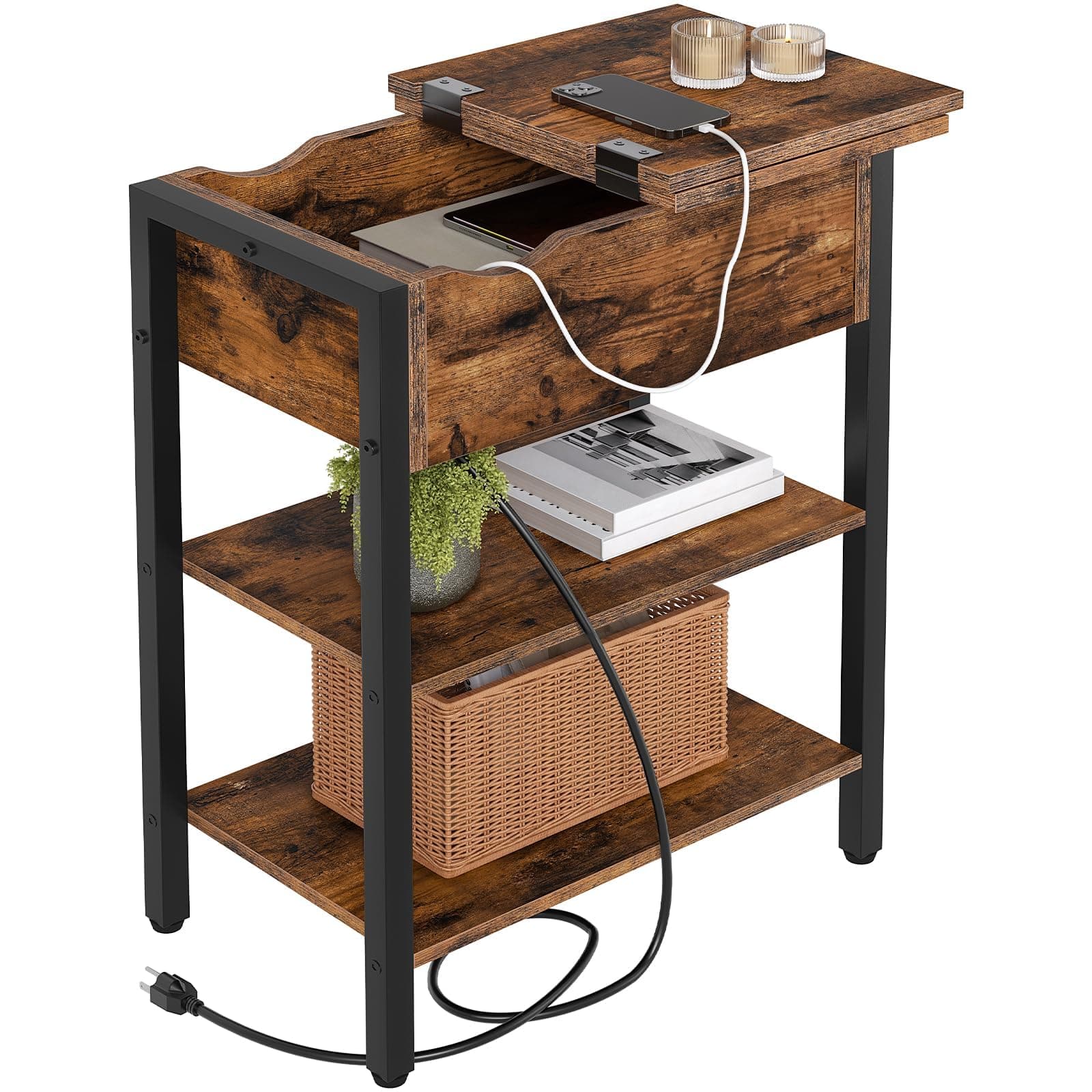 HOOBRO End Table with Charging Station, Narrow Side Table, Flip Top Nightstand with USB Ports and Outlets, Bedside Tables with Shelf for Small Spaces, Living Room, Rustic Brown BF341BZ01 1 Rustic Brown + Black