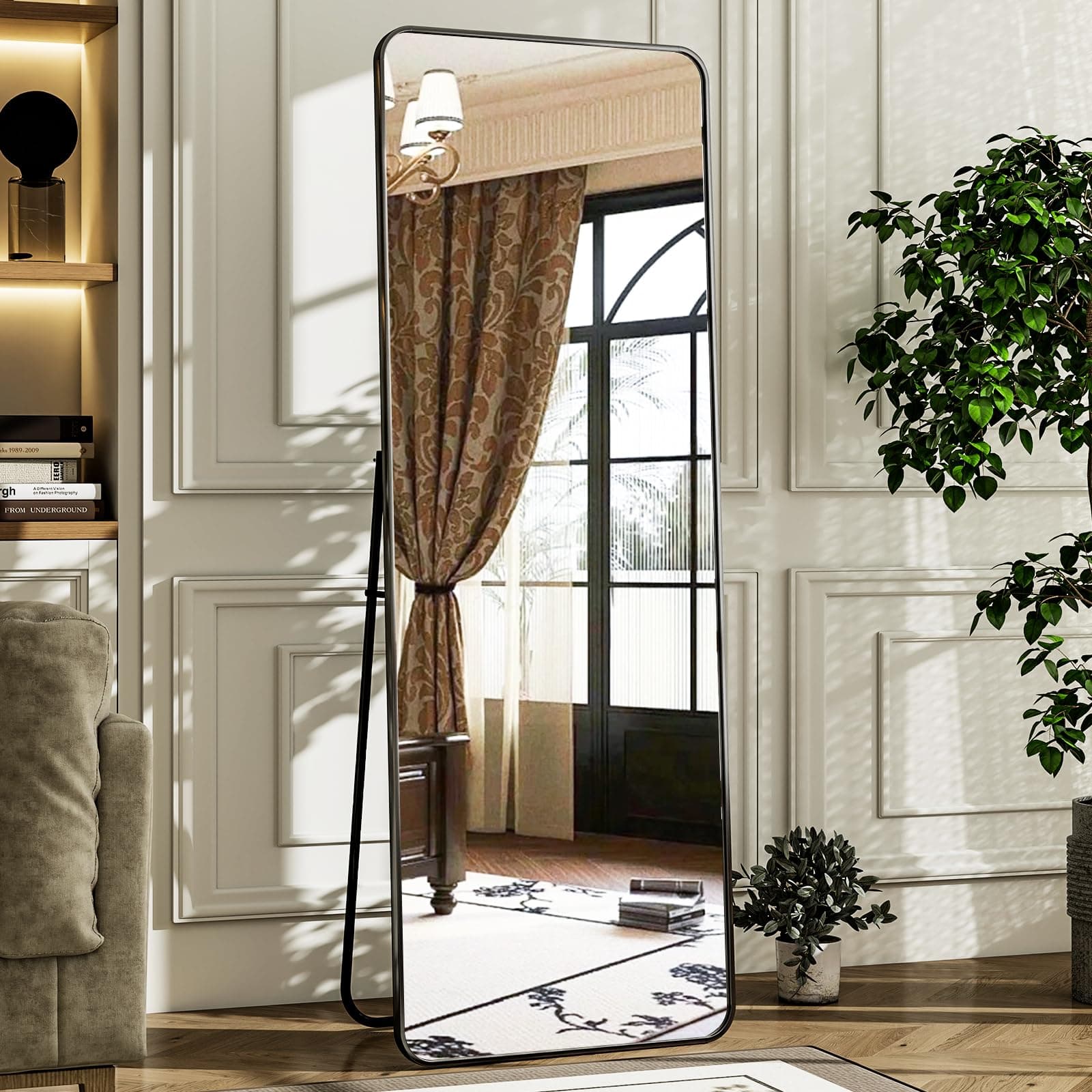 HARRITPURE 56"x21" Full Length Mirror, Black Rounded Corner Aluminum Frame Floor Standing Mirror Hanging/Leaning Wall for Living Room Bedroom Cloakroom Black 56"L x 21"W