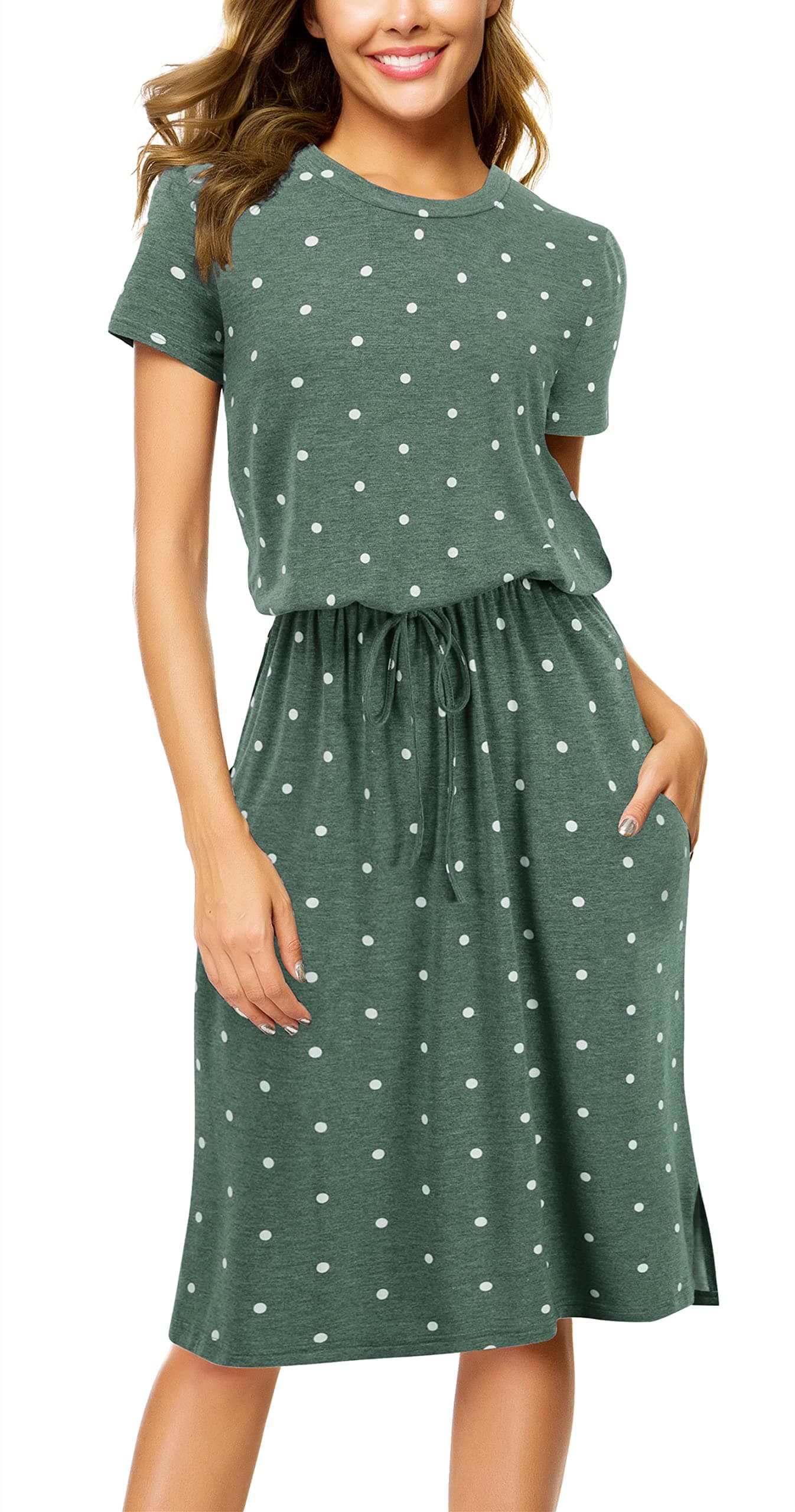 Simier Fariry Womens Summer Hide Belly Knee Length Travel Dress Pocket 2025 Short Sleeve Midi Work Casual Teacher Outfit B-pd-green Large