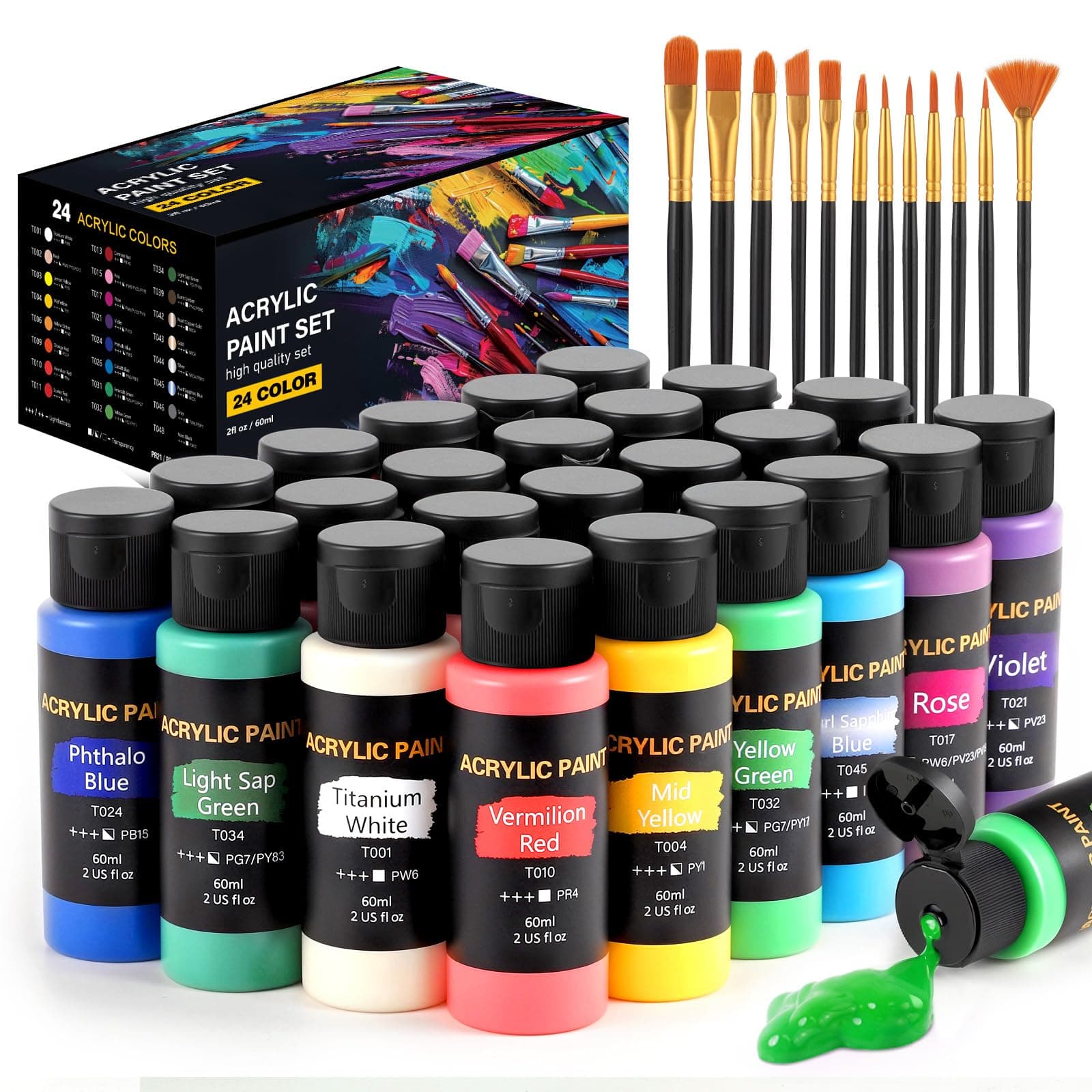 Acrylic Paint Set, 24 Colors (2 oz/Bottle) with 12 Art Brushes, Art Supplies for Painting Canvas, Wood, Ceramic & Fabric, Rich Pigments Lasting Quality for Beginners, Students & Professional Artist 24 Colors Acrylic Paint 2 fl oz/60 ml