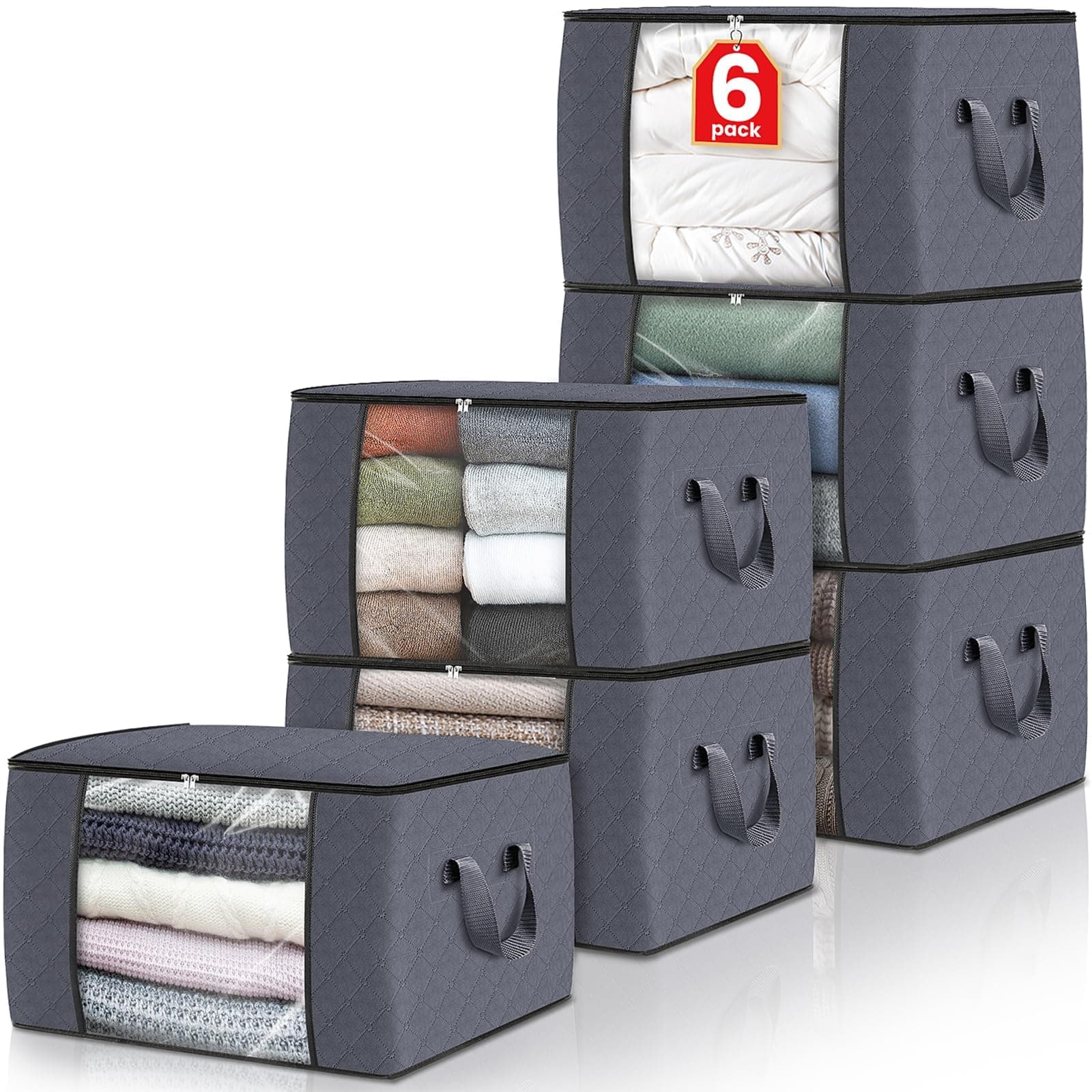Fab totes Storage Bags,Clothes Blanket Storage Bins Foldable Closet Organizers with Reinforced Handle for Home Dorm Storage and Organization,Fabric Bags for Organizing Bed Sheets,Clothing,Comforters 6 Pack-Standard Grey