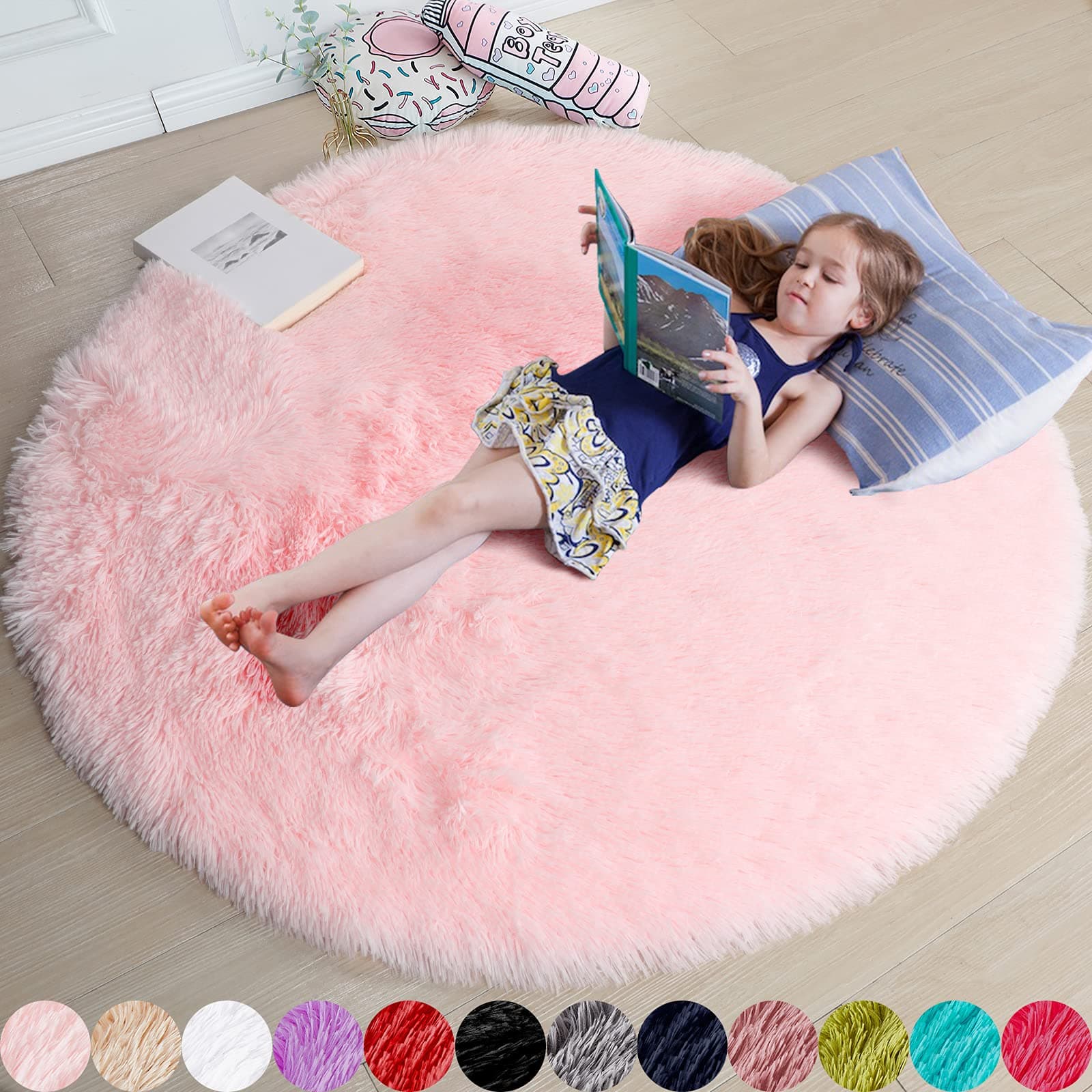 Amdrebio Light Pink Round Rug 4Ft for Girls Bedroom, Fluffy Circle Area Rugs for Kids Room Decor Aesthetic, Cute Shag Fuzzy Carpet for Nursery, Preppy Dorm, Classroom, Playroom, Teen, Baby, Washable 4' (Round) Pink