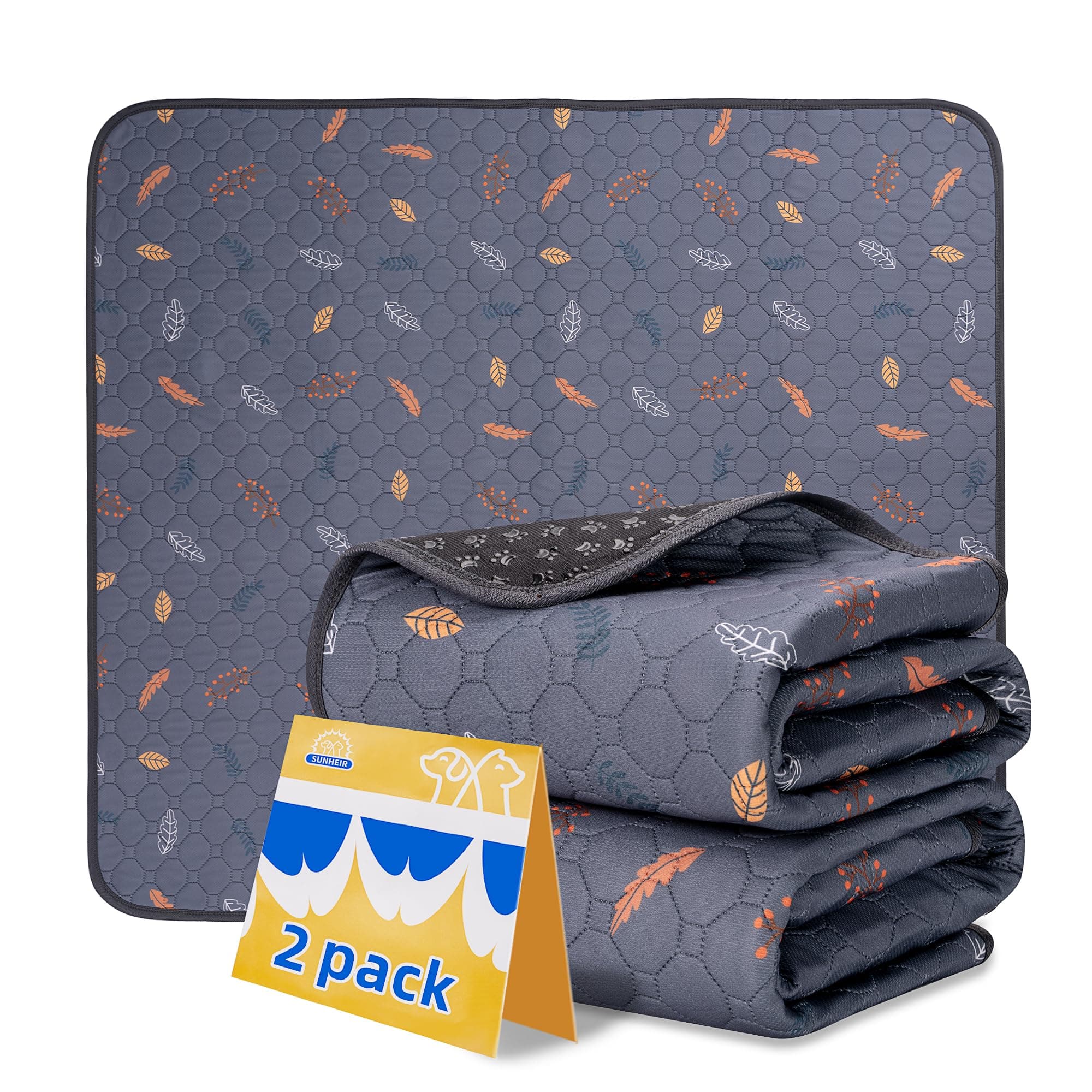 Sunheir Washable Pee Pads for Dogs , Thick Heavy Absorbency Reusable, Prevent Leakage, Waterproof , Non-Slip Pee Pads for Puppy Playpen, Crate, Whelping Box, Potty Training, Grey, 2 packs Leaves - Deep Grey 18x24 Inch (Pack of 2)