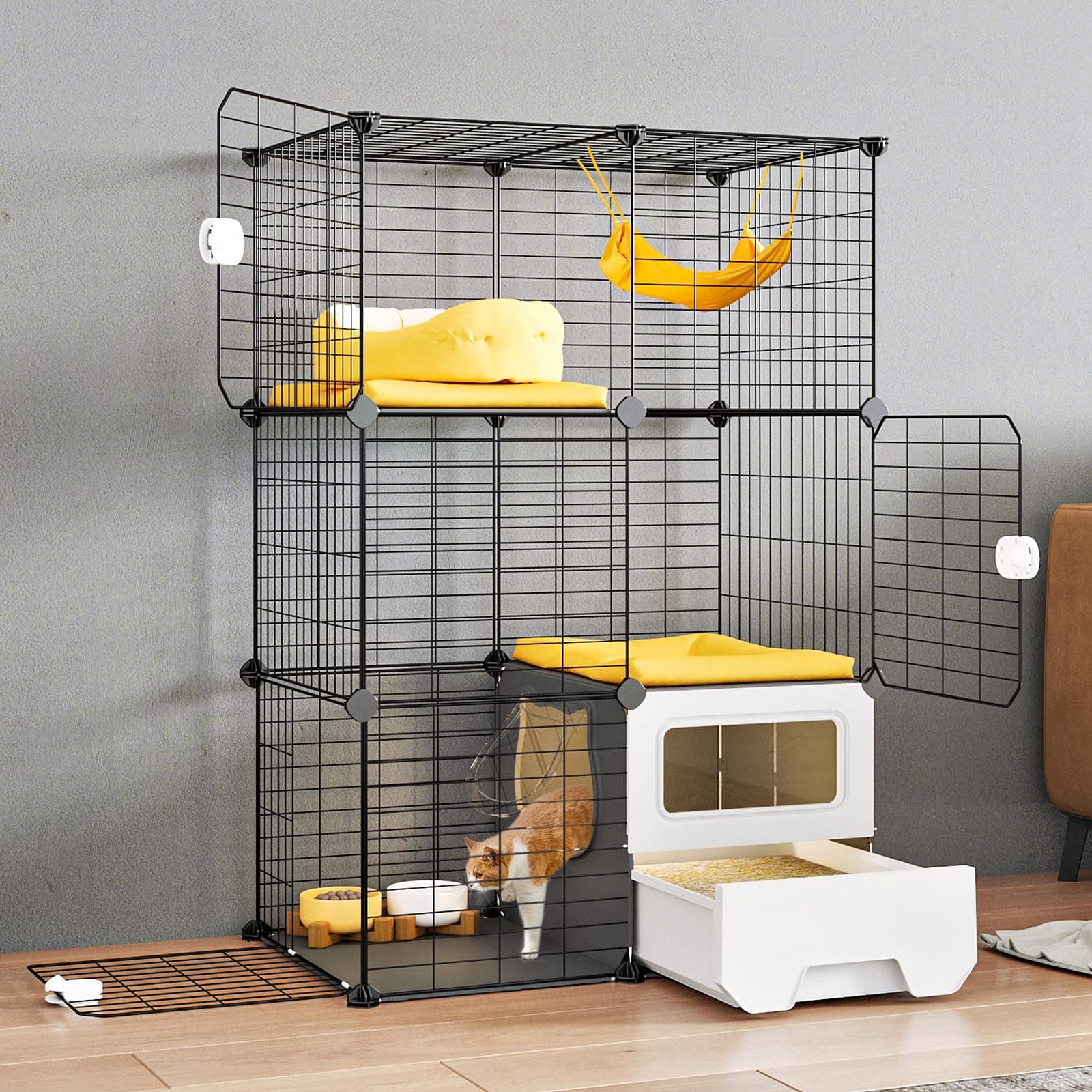 Oneluck Cat Cage Indoor with Litter Box 3-Tier DIY Cat Playpen Detachable Metal Wire Kennel Crate Large Exercise Place Ideal for 1-2 Kitten 28L x 18W x 41H