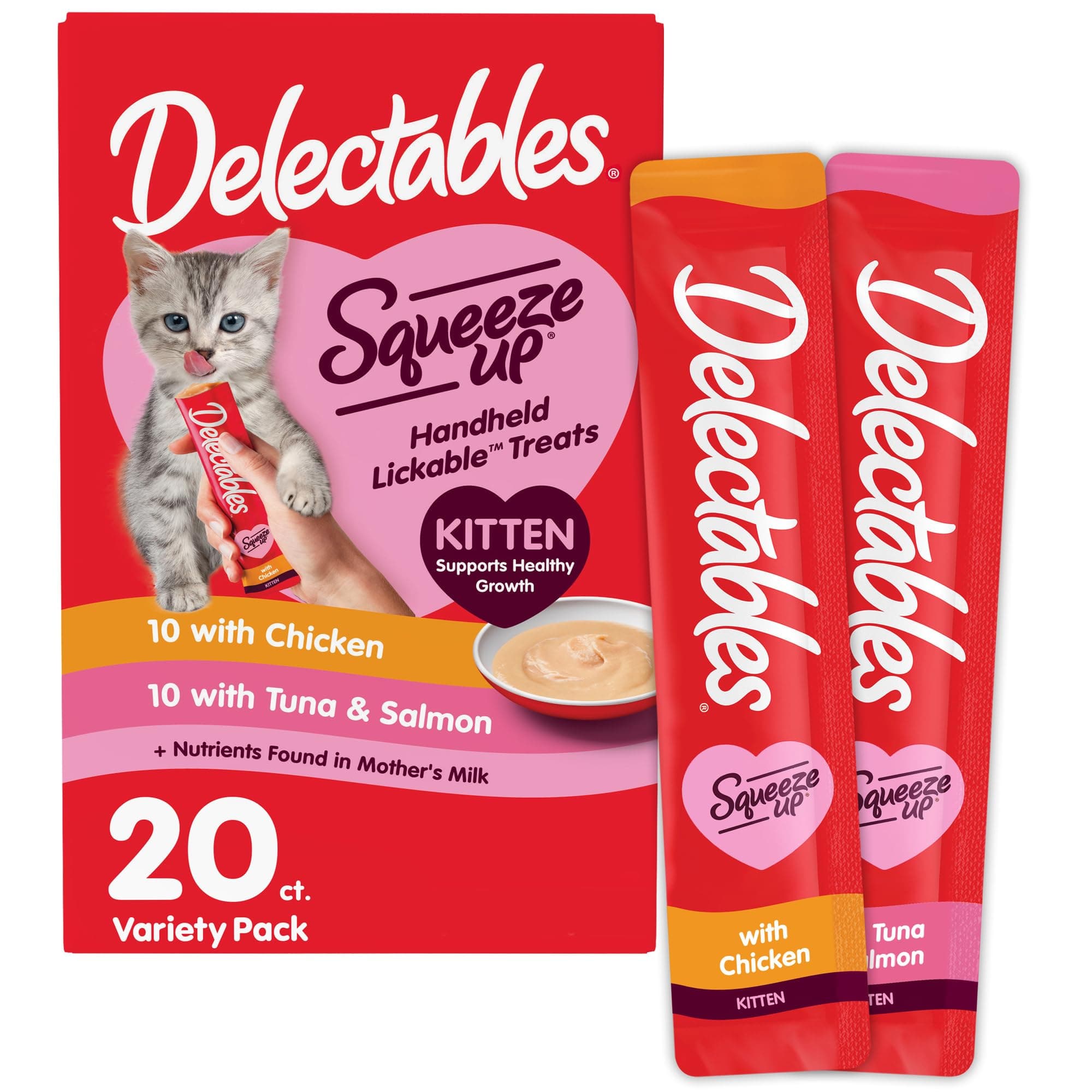 Delectables Squeeze Up Kitten Variety Pack, Creamy Squeezable Puree, Lickable Wet Cat Treats, Grain Free, No Added Fillers, No by-Products, No Added Preservatives, 0.5 Ounces Tube, 20 Tubes Total Variety 0.5 Ounce (Pack of 20)