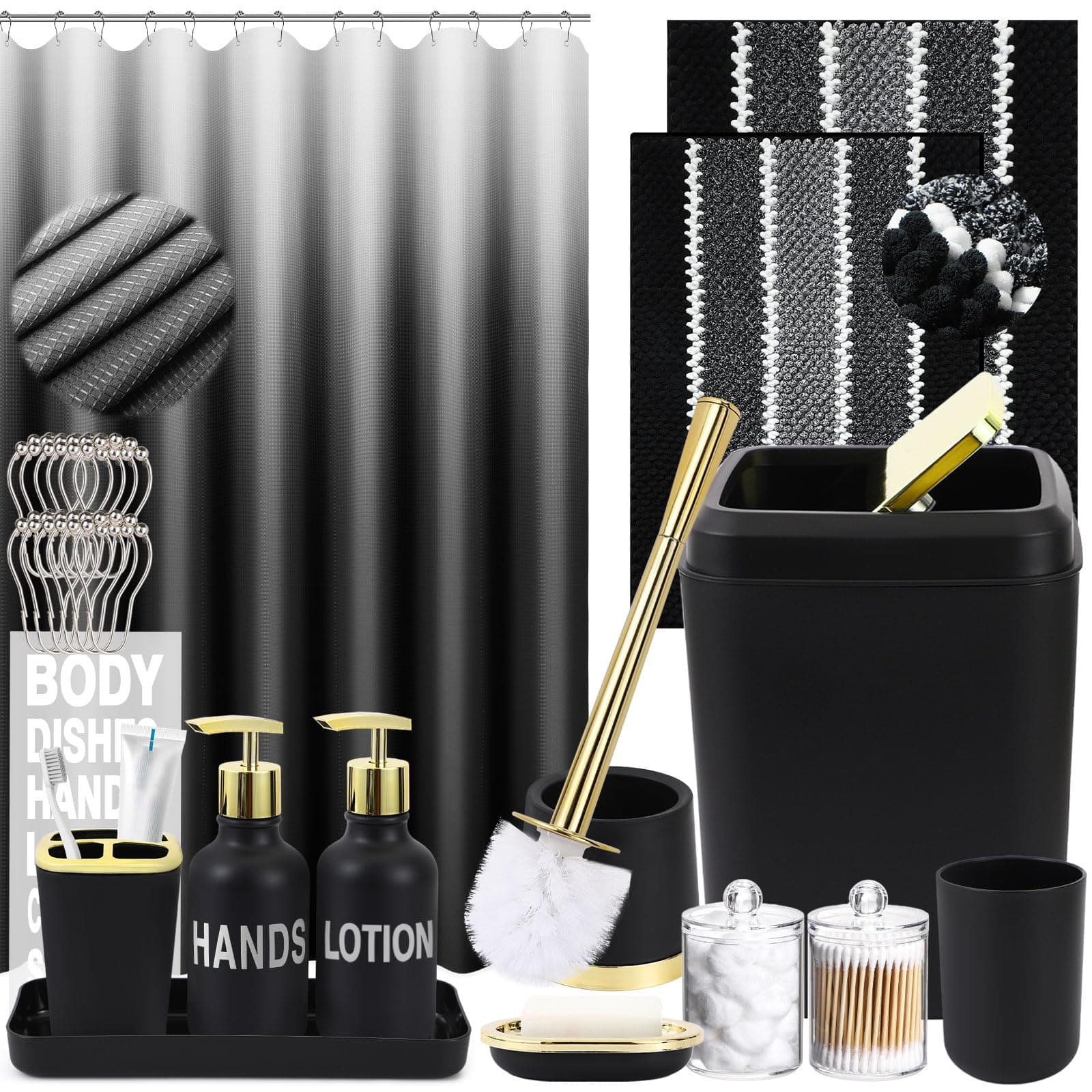 25PCS Black Bathroom Accessories Sets Complete, with Shower Curtain, Rugs, Trash Can and Toilet Brush, Soap Dispenser, Toothbrush Holder and Cup, Soap Dish, Qtip Holder, Bathroom Decor Sets Black Bathroom Set Complete-Gold
