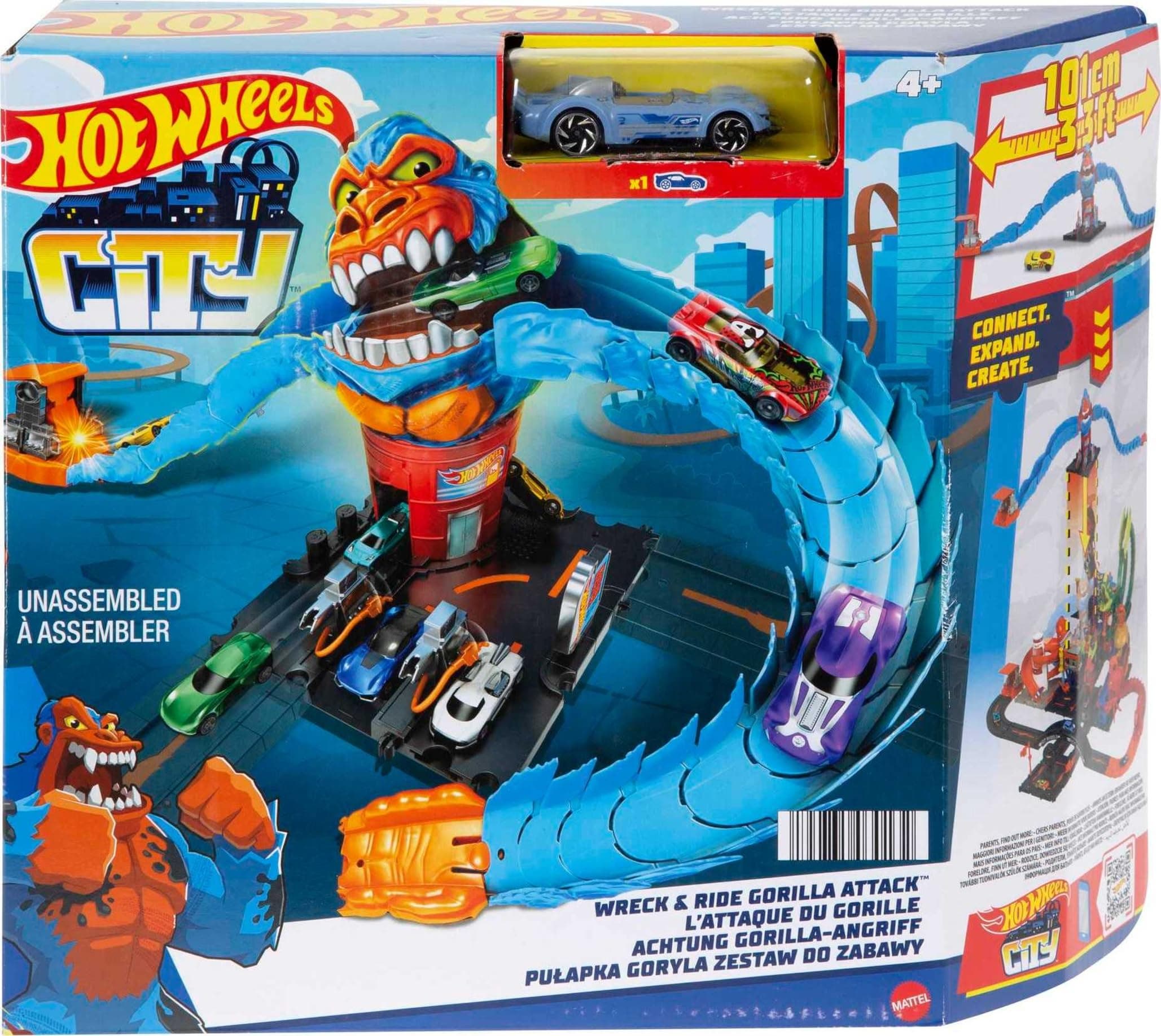 Hot Wheels City Wreck & Ride Gorilla Attack with 1 Car, Connects to Other Sets, Gas Station-Themed Set, Gift for Kids 4 to 8 Years Old Modern