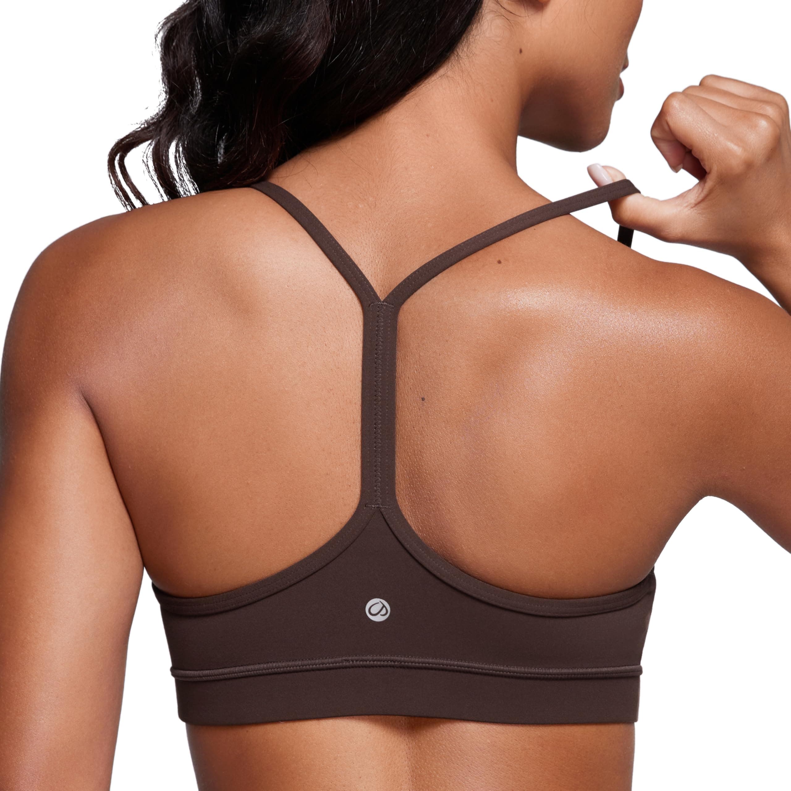 CRZ YOGA Womens Butterluxe Y Back Sports Bra - Padded Racerback Low Impact Spaghetti Thin Strap Workout Yoga Top Small Hot Fudge Brown