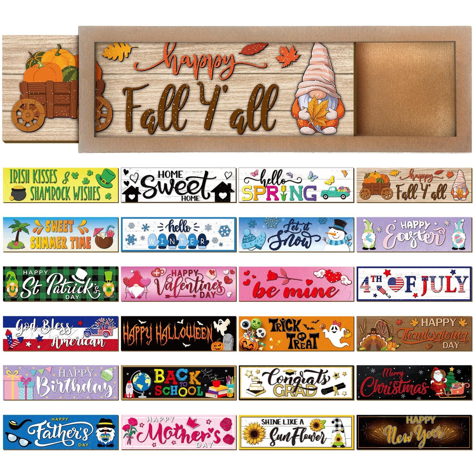 Barydat Interchangeable Season Sign Interchangeable Welcome Wood Sign for Table Decorative Seasonal Sign Decor with a Wooden Frame Wreaths for Fall Thanksgiving Halloween Autumn Decor Retro