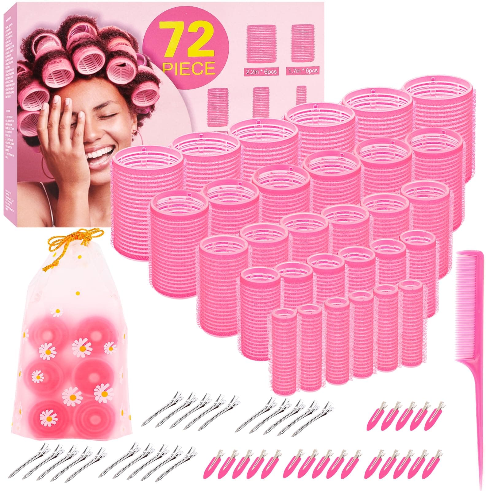 5 Size Hair Rollers, 72Pcs Roller Set, Hair Curlers for Blowout Look Long, Short Hair, Jumbo Large Big Small 30 Hair Rollers, 40 Roller Clips, Tail Comb, Storage Bag pink