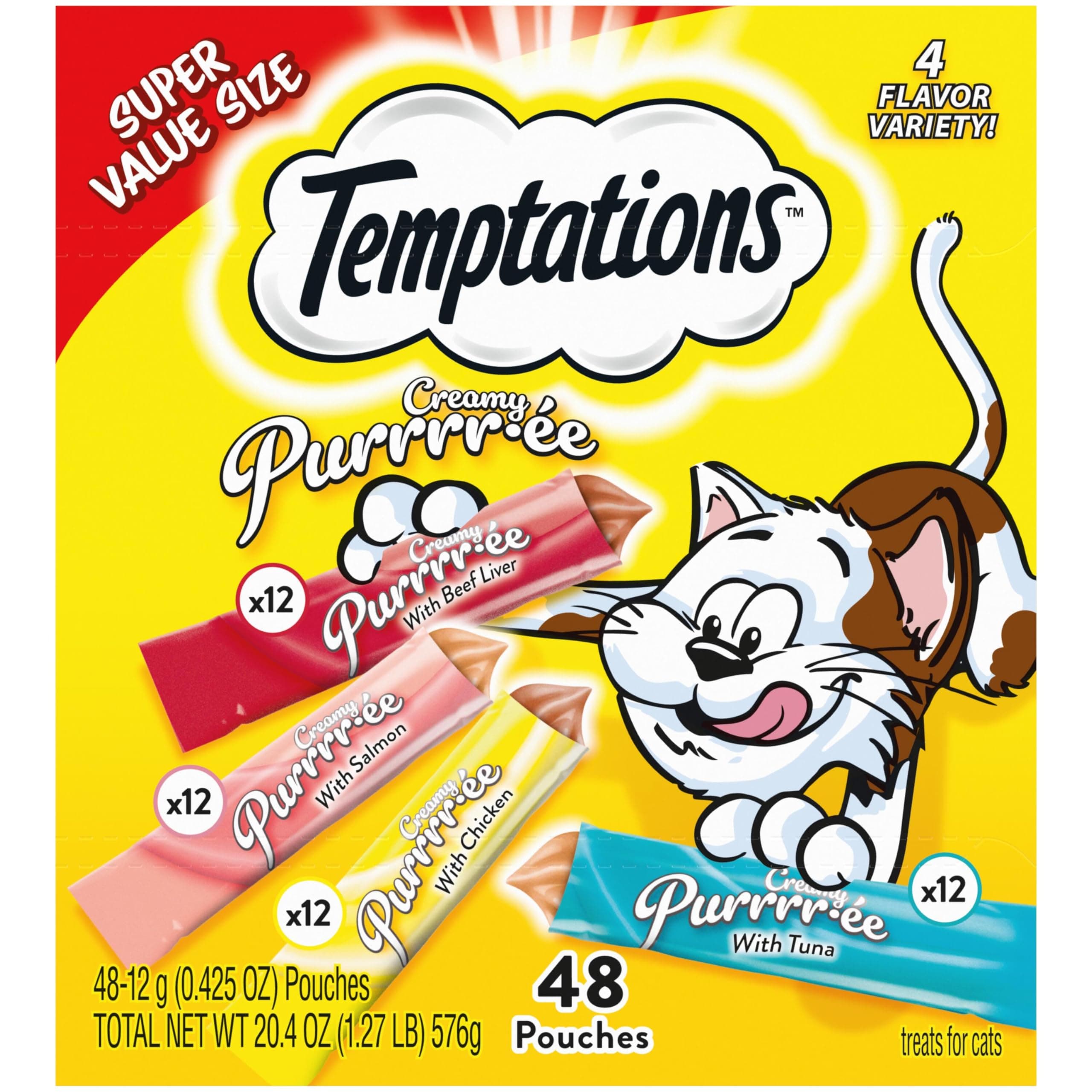 Temptations Creamy Puree Squeezable Lickable Cat Treats, Wet Cat Treats with Beef, Salmon, Chicken, and Tuna Variety Pack, 0.42 oz. Tubes, 48 Count Beef, Salmon, Chicken, & Tuna Variety Pack 48 Count (Pack of 1)