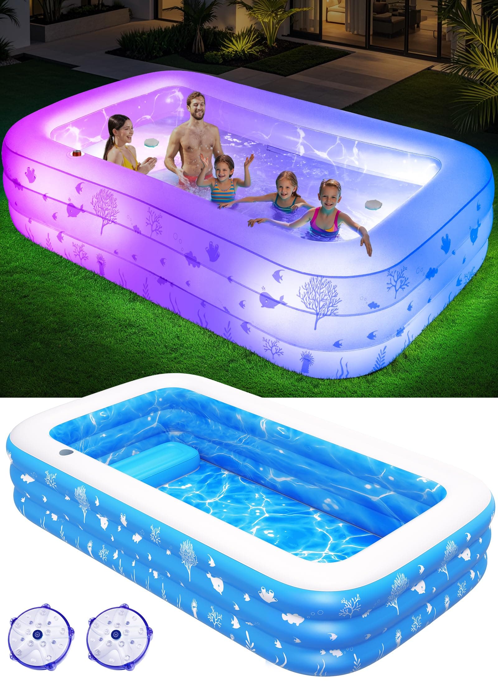 Inflatable Pool with Seat and Pool Lights, Durable Thickened Large Size Family Inflatable Pools for Adults Blow Up Pools,100" x 63" x 22"Swimming Inflatable Kids PooI for Backyard,Outdoor (White)