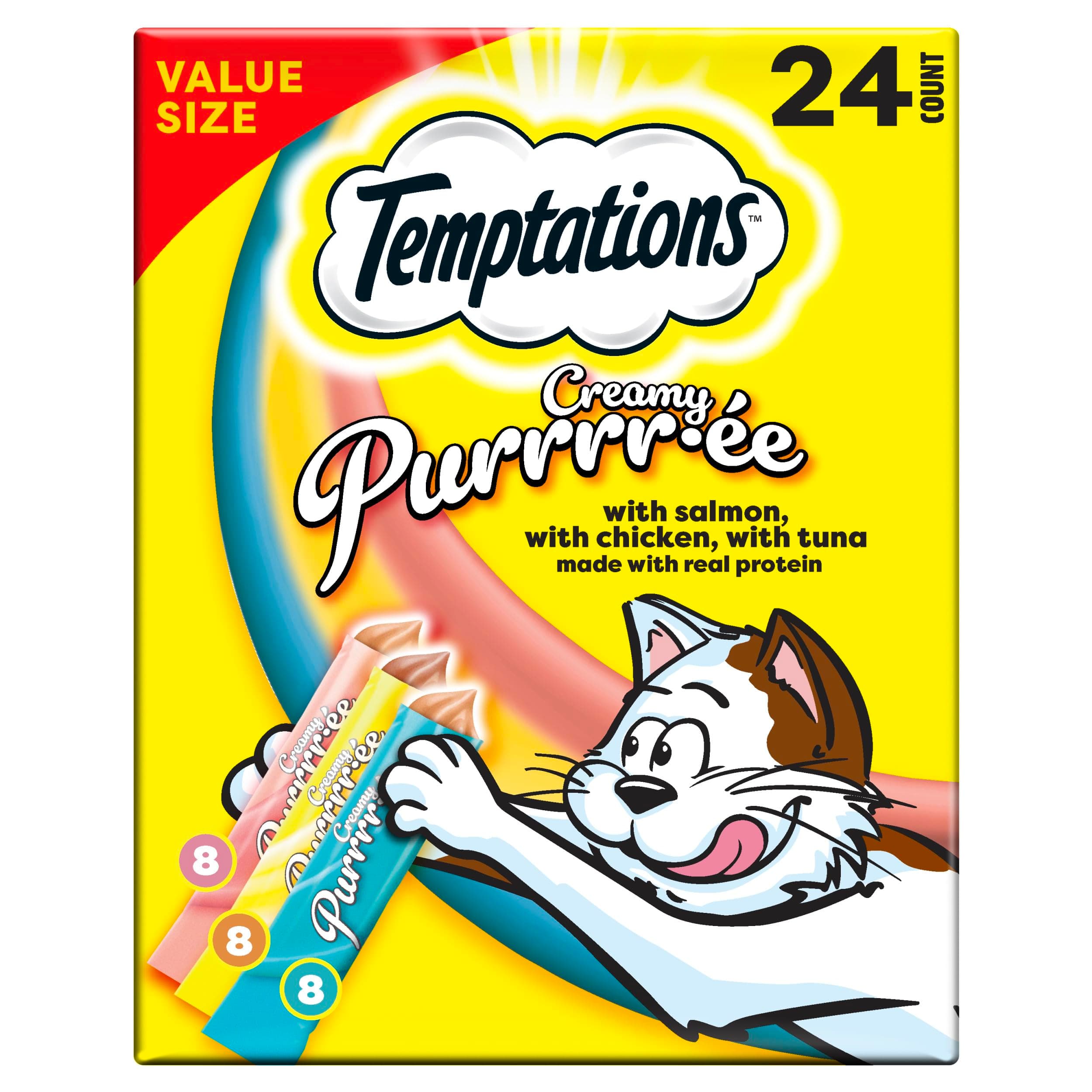 Temptations Creamy Puree Variety Pack of Squeezable Cat Treats, 0.42 oz. Tubes, 24 Count Chicken, Salmon, & Tuna Variety Pack 24 Count (Pack of 1)