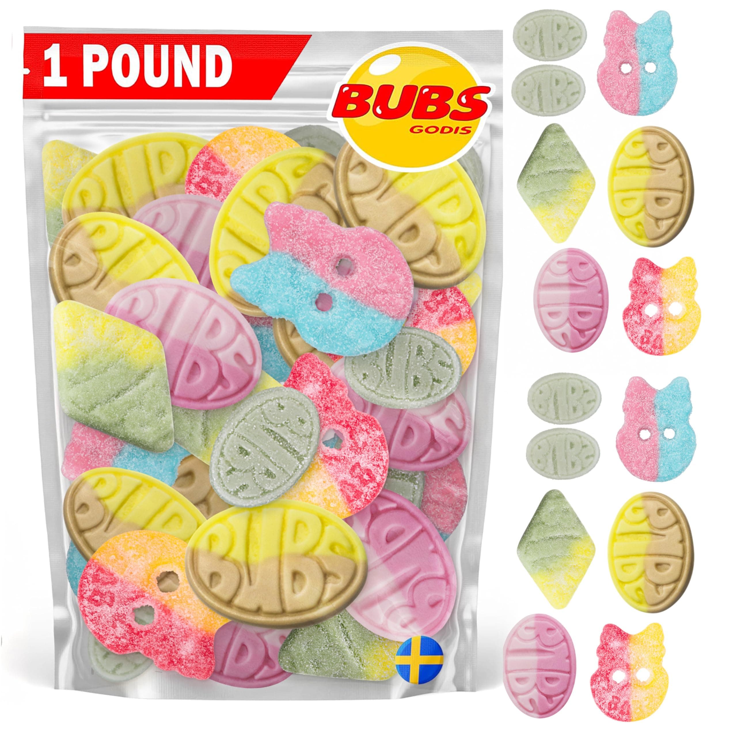 Bubs Swedish Candy Mix - Authentic Sweet and Sour Swedish Gummies - 1 Pound of Godis From Sweden - Big Ovals, Dizzy Skulls, Tutti Frutti and More - Foam Candy - Packed in a Candynavia Sweden Bag