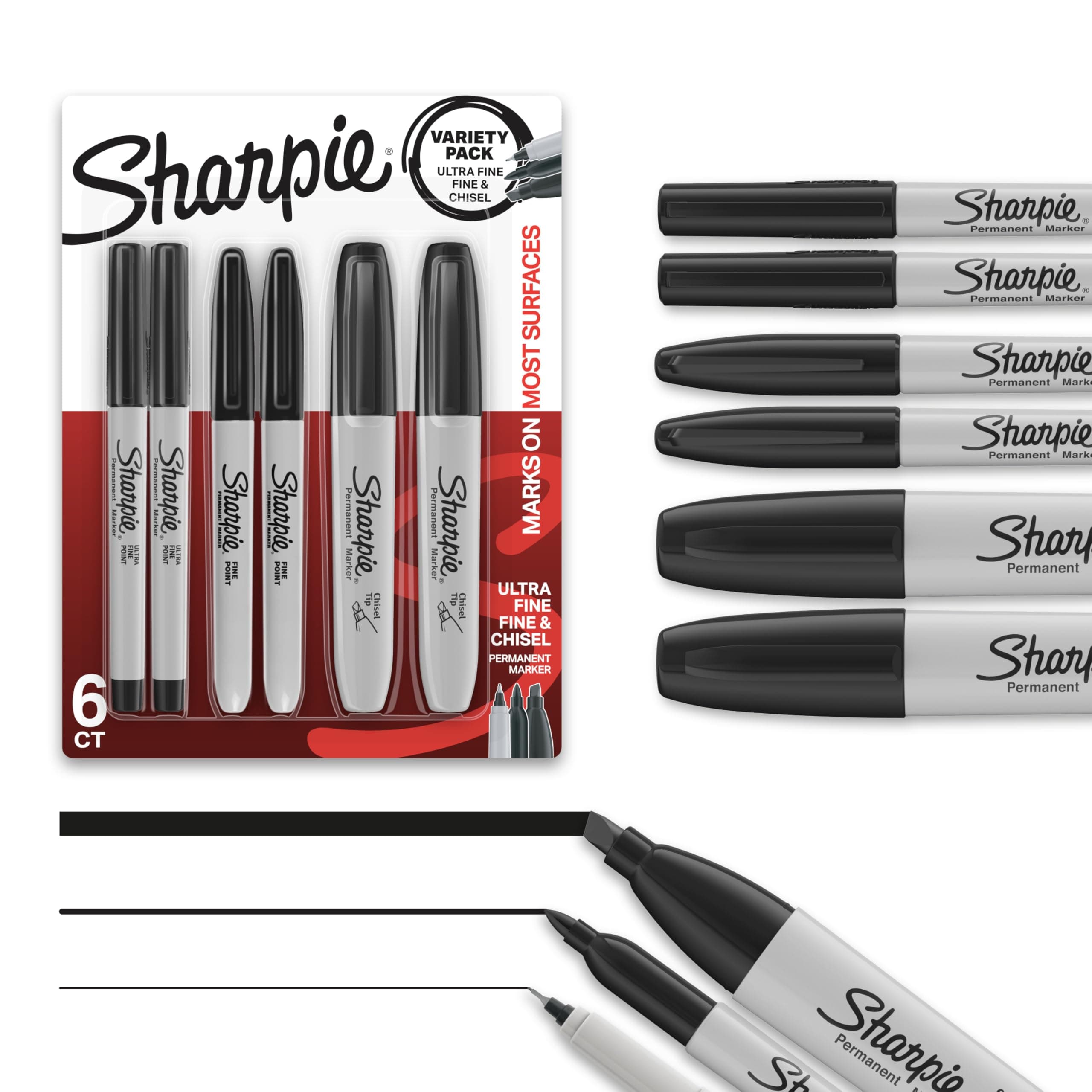Sharpie Permanent Markers Variety Pack, Includes Chisel, Fine, and Ultra-Fine Tips, Marker Set, Writing, Coloring, Poster, Office, School Supplies, Black, 6 Count Pen