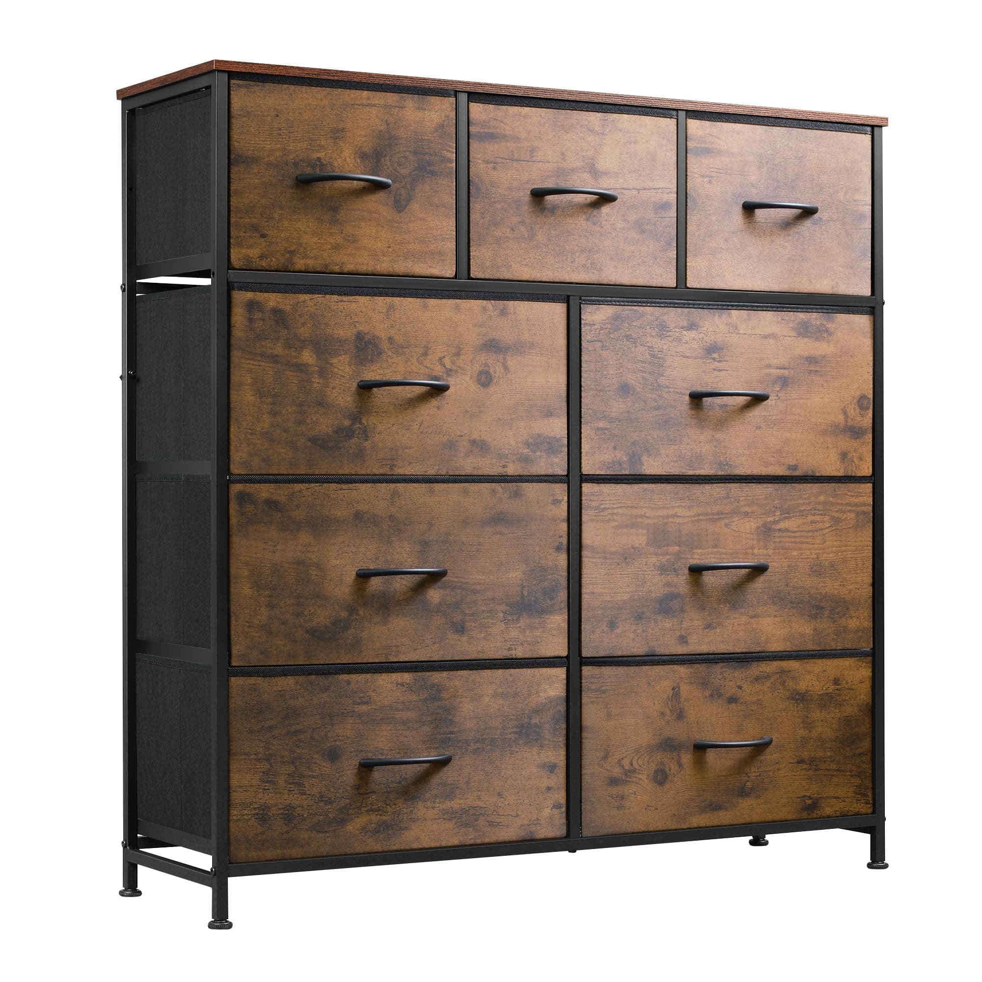 WLIVE 9-Drawer Dresser, Fabric Storage Tower for Bedroom, Hallway, Entryway, Closet, Tall Chest Organizer Unit with Fabric Bins, Steel Frame, Wood Top, Easy Pull Handle, Rustic Brown Wood Grain Print