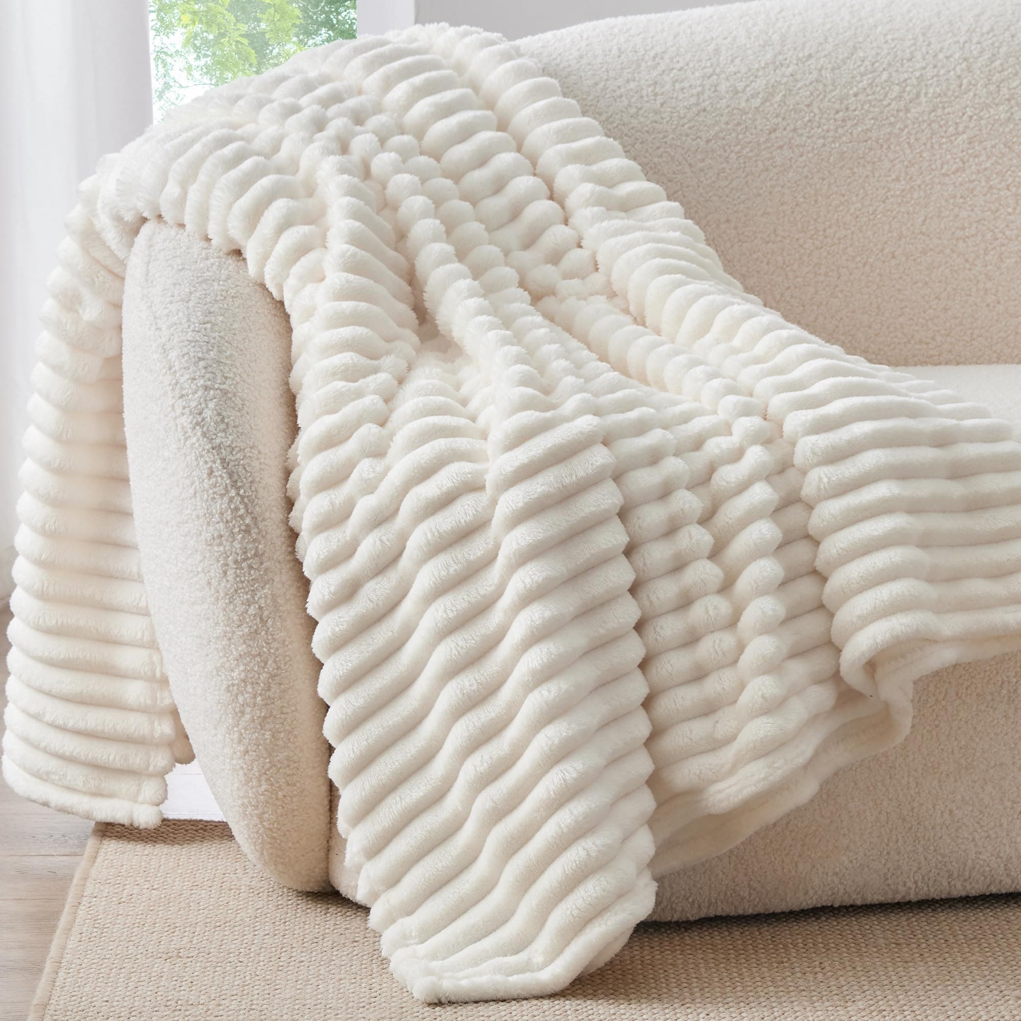 BEDELITE Fleece Throw Blanket for Couch - 300GSM Soft & Warm Fluffy Cream White Blanket, Decorative and Giftable Striped Blankets for Women, Men, 50"x60" Cream Throw(50"x60")