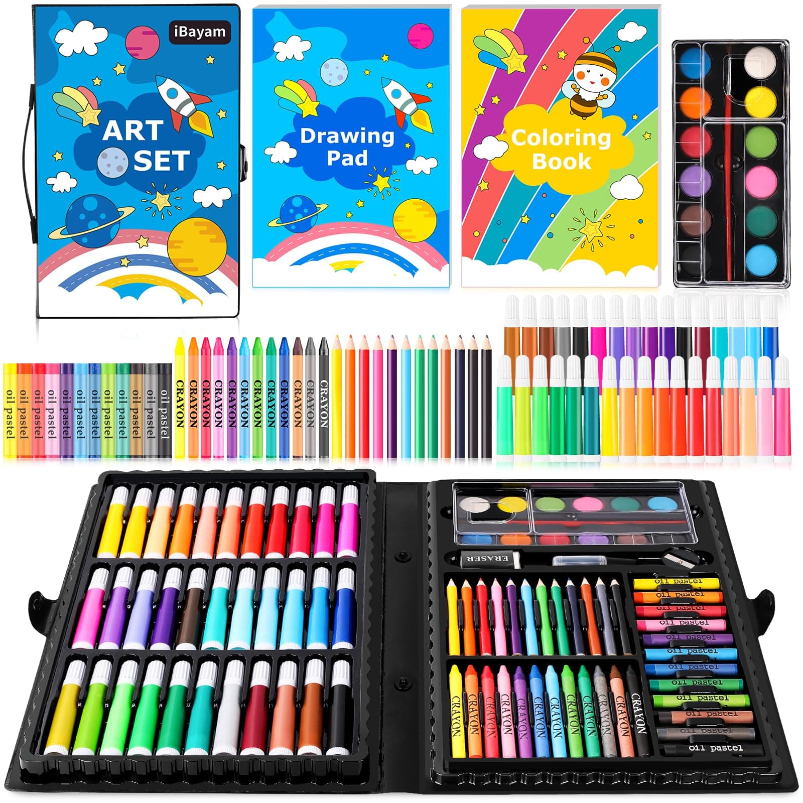 iBayam Art Supplies, 149-Pack Drawing Kit Painting Art Set Art Kits Gifts Box, Arts and Crafts for Kids Girls Boys, with Coloring Book, Crayons, Pastels, Pencils, Watercolor Pens & Cakes Black