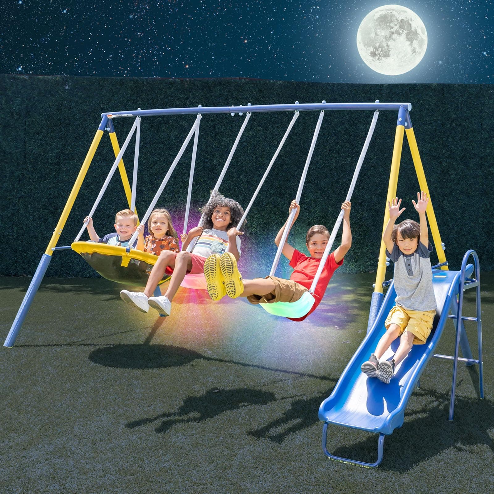 Sportspower Starlight Metal Swing Set with LED Swings, 2-Person Saucer Swing & 5ft Slide, Outdoor Kids Playset with Safe Design – 12.2' L x 6' W x 5.91' H, 500lbs Max Weight