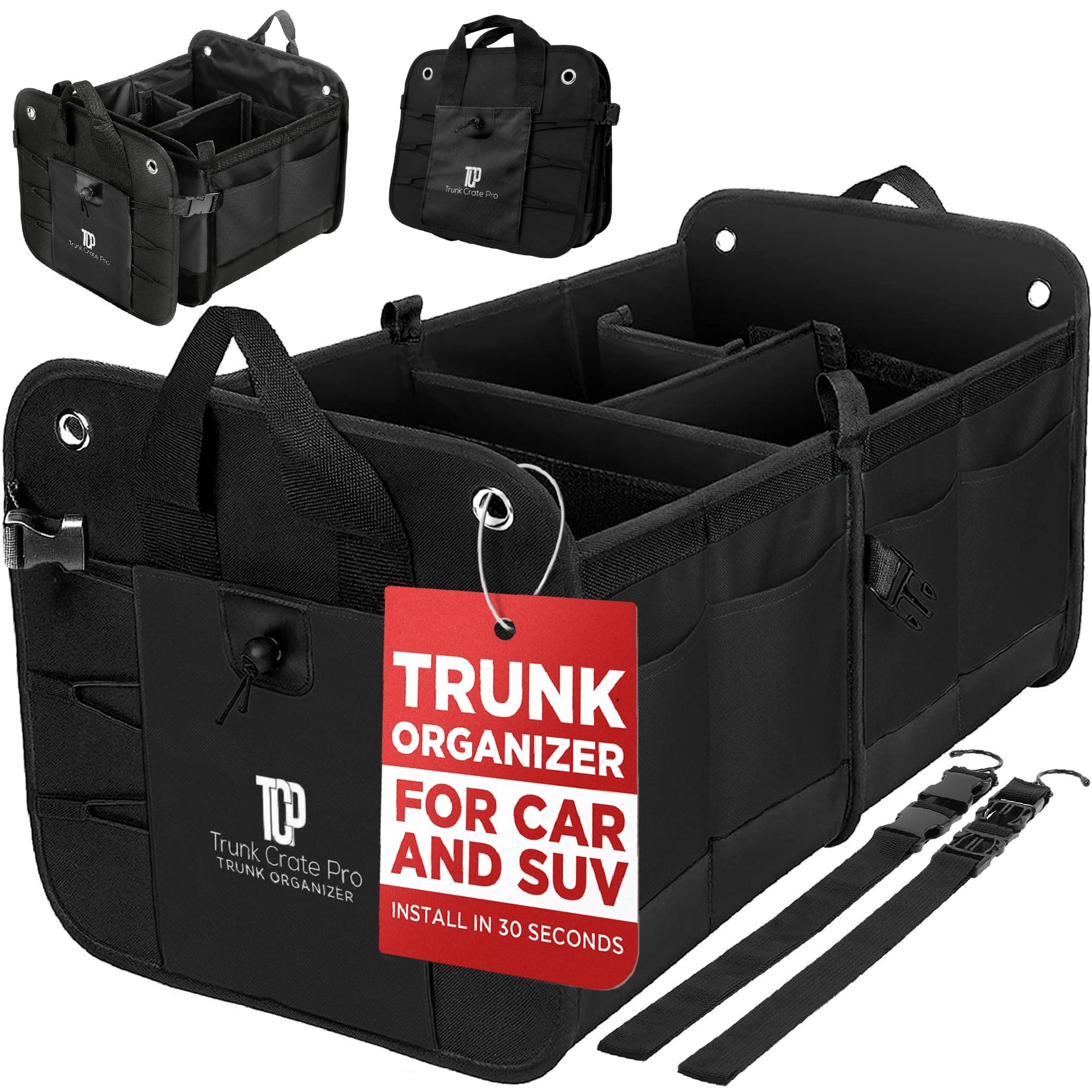 TRUNKCRATEPRO Trunk Organizer For Car, Suv, Truck | Premium Adjustable Multi Compartments Collapsible Car Trunk Organizer With Securing Straps & Non-Slip Bottom (Large Size, Black) Large Black