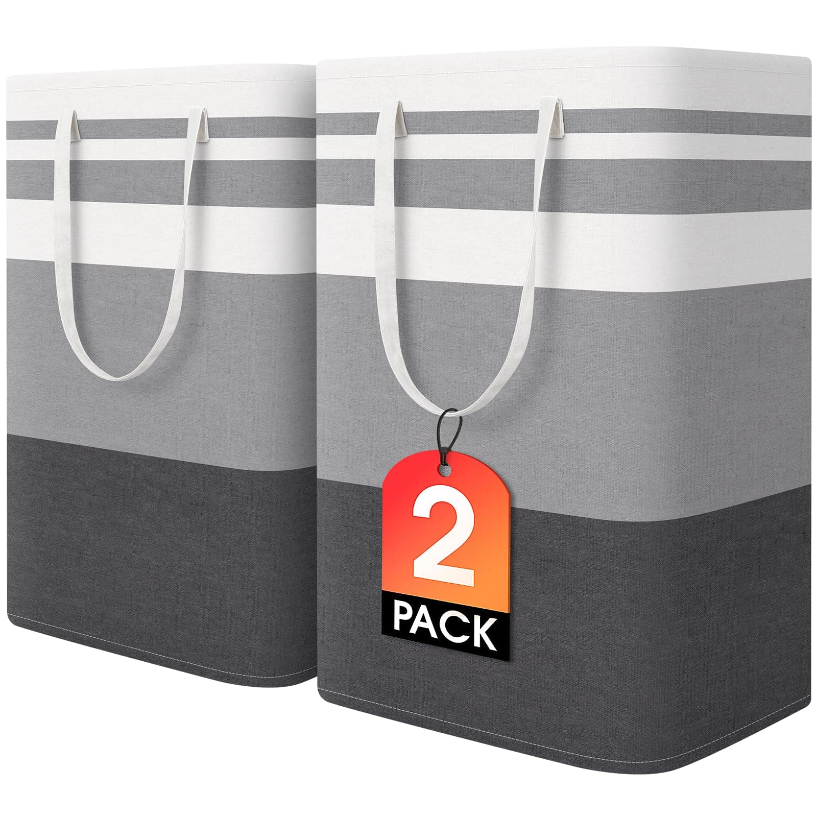 HomeHacks 2 Pack Large Laundry Baskets, Waterproof, Freestanding Laundry Hampers, Collapsible Clothes Hamper with Reinforced Handles in Laundry Room, College Dorm, Bathroom, Bedroom (Grey, 75Lx2) 75L Grey