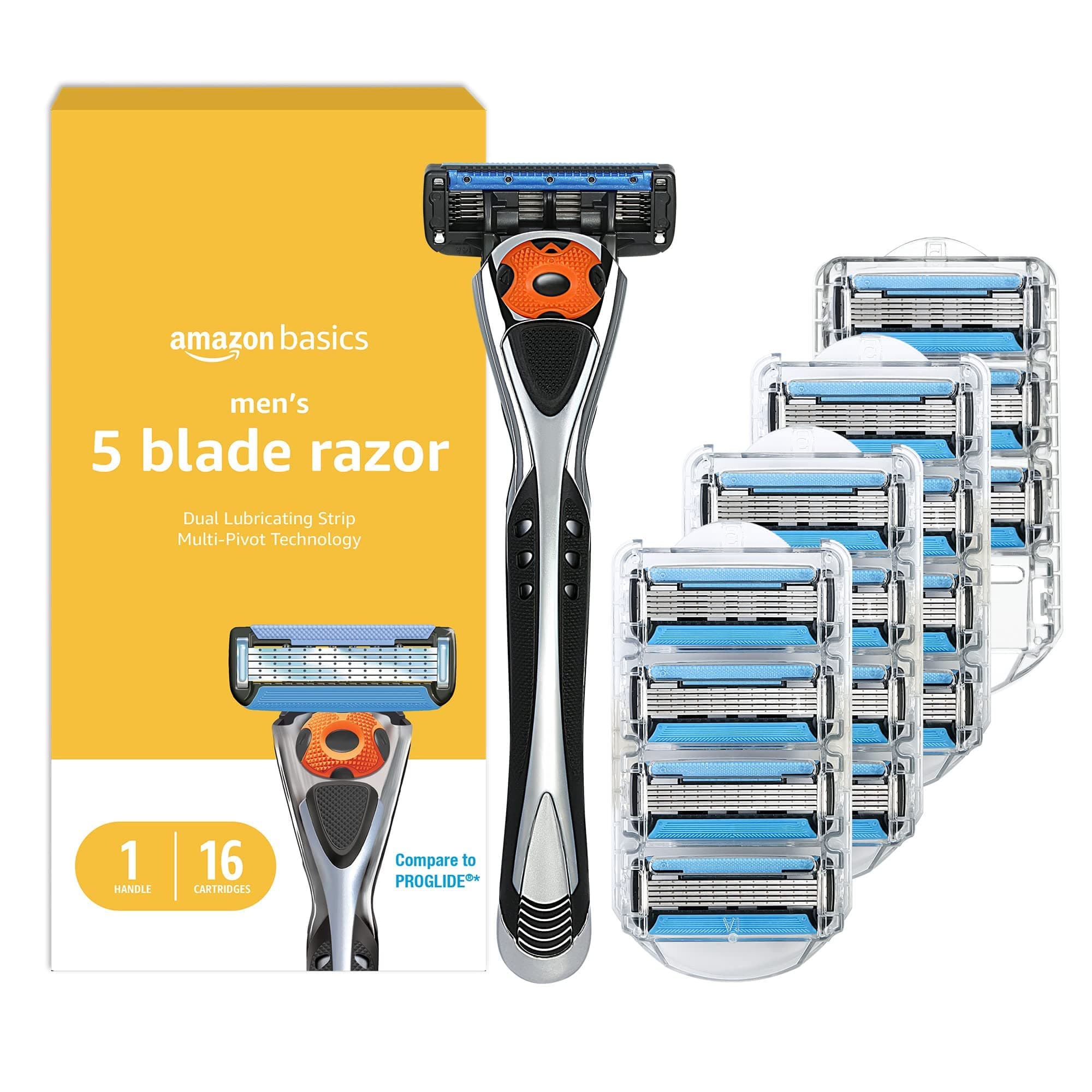 Amazon Basics 5-Blade MotionSphere Men's Razor with Dual Lubrication and Precision Trimmer, 17 Piece Set, 1 Handle & 16 Cartridges, Black 1 Count (Pack of 1)