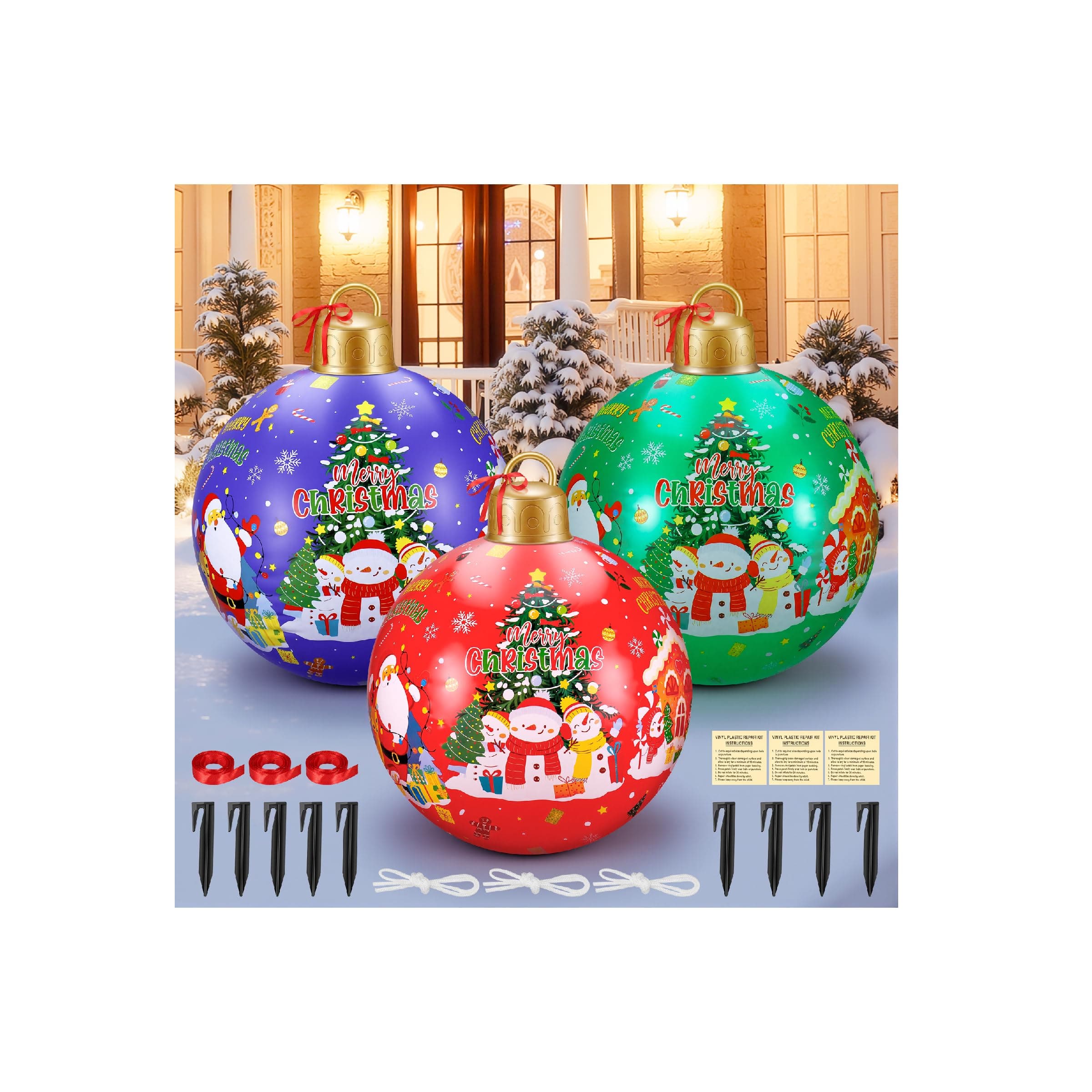 3 Pcs 24 Inch Giant Inflatable Christmas Balls, Large Outdoor Christmas PVC Ornaments, Big Ball Decorations for Yard Outside in Winter Holiday