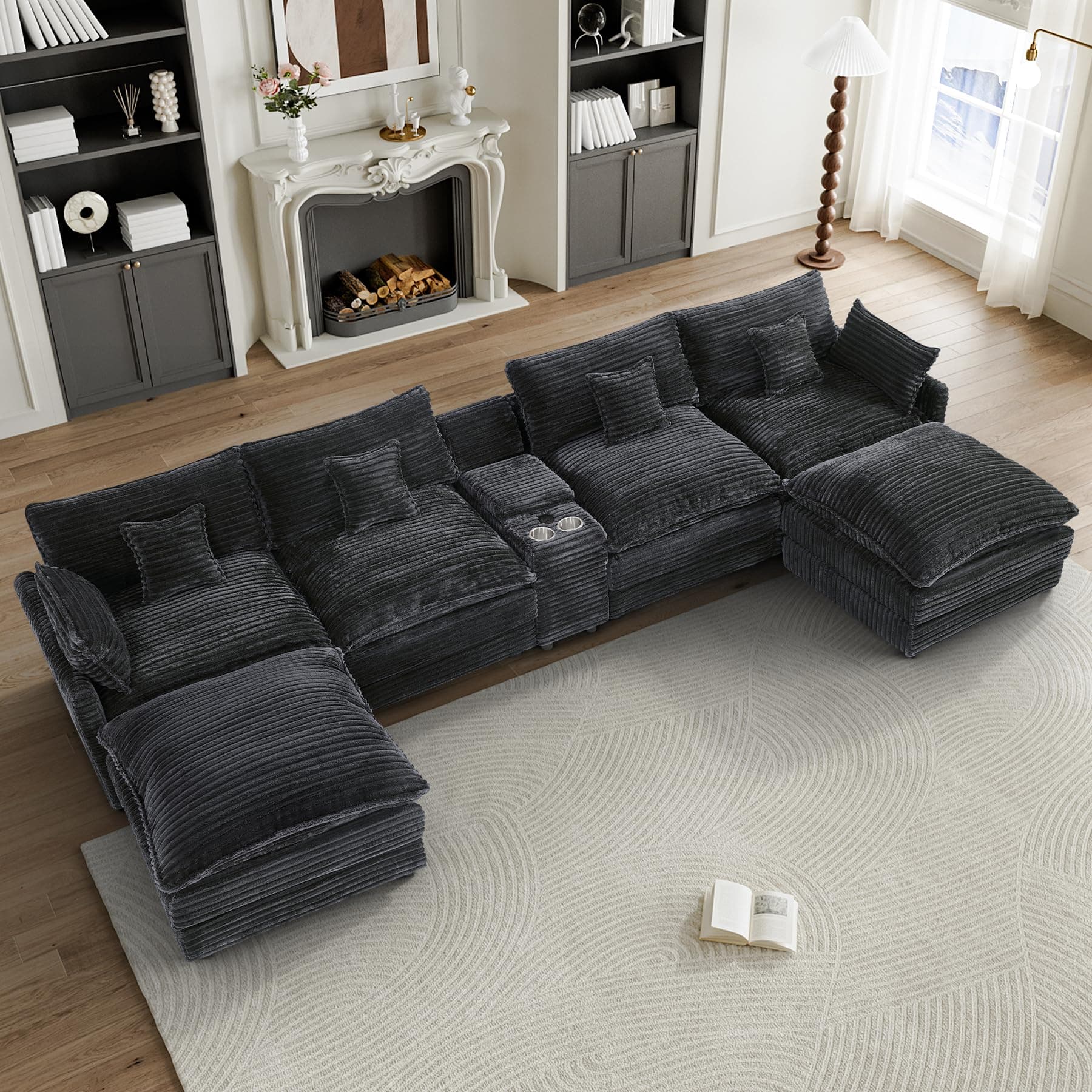HYJT-H&K 145" U Shaped Cloud Couch Modular Dark Grey Sectional Couches for Living Room, Comfy Fluffy Corduroy Oversized Cloud Sectional Couch Large 6 Seat Sectionals Sofa Set Central Console USB Port 145" Dark Grey