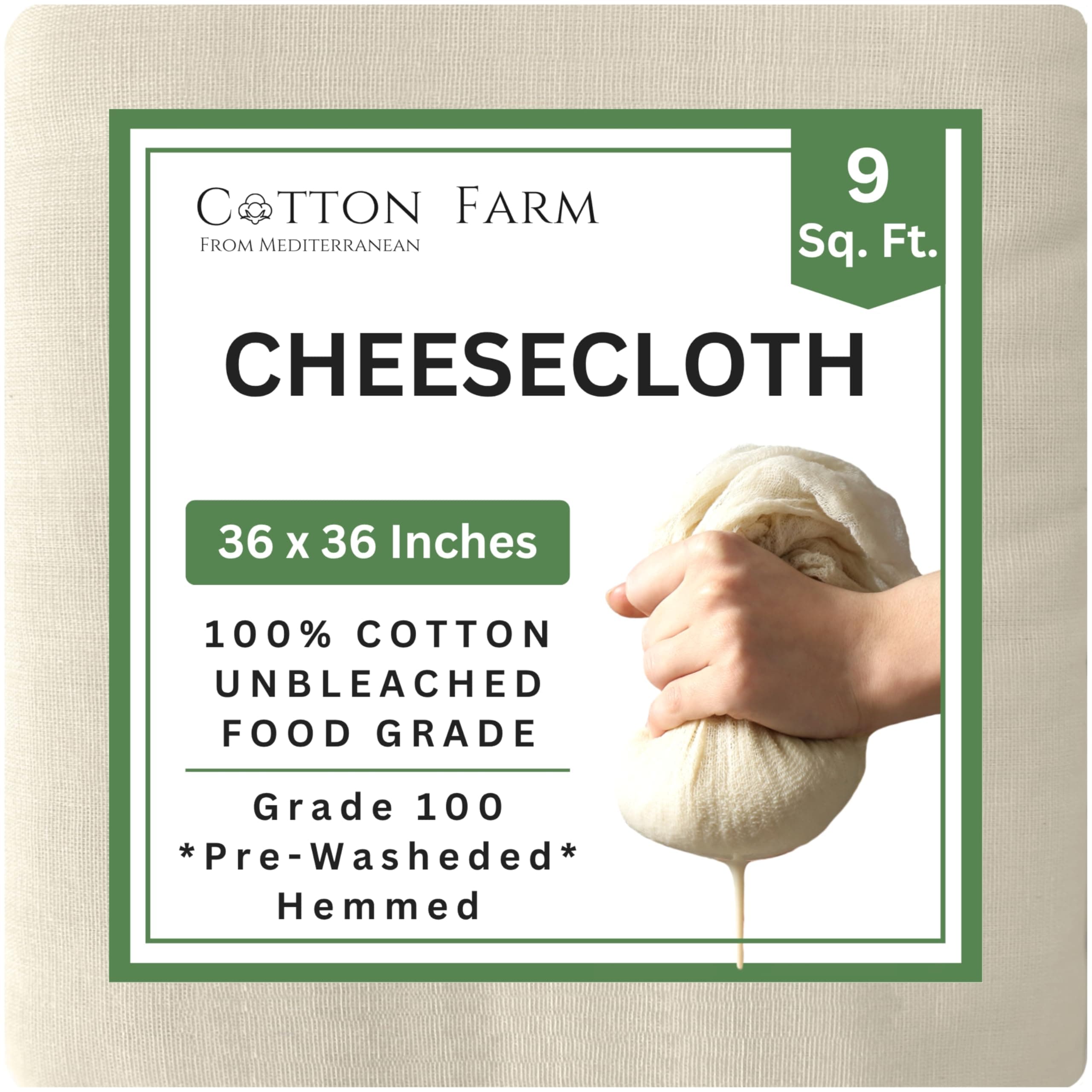 Cotton Farm Grade 100 XL Cheese Cloth - Straining & More; 36x36 Inch; 100% Unbleached Cotton Cheesecloth; Reusable with Hemmed 2 Edges; Ultra-Dense (the finest) Butter Muslin 1 Yard