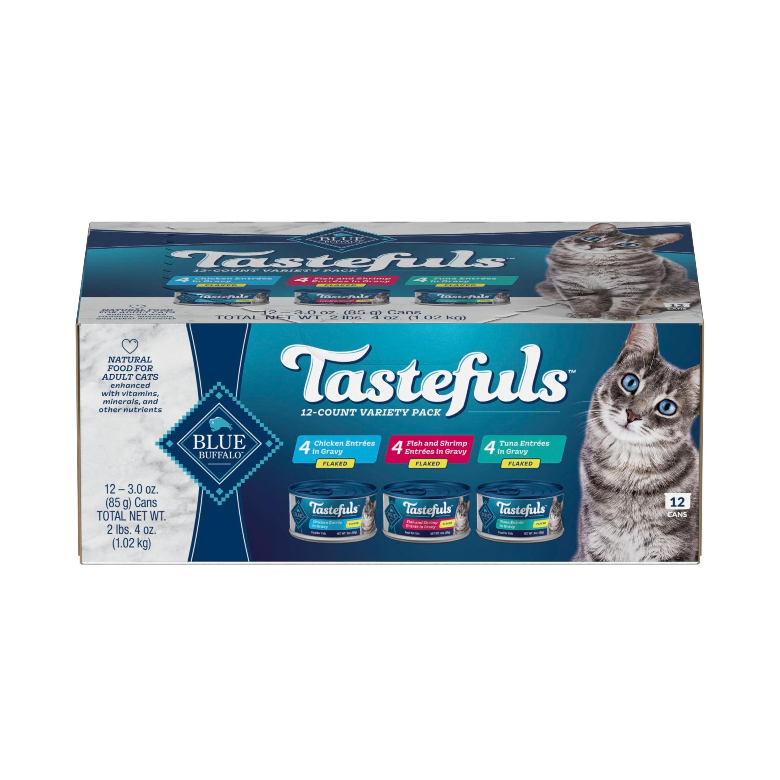Blue Buffalo Tastefuls Flaked Wet Cat Food Variety Pack, Made with Natural Ingredients, Tuna, Chicken, Fish & Shrimp, 3-oz Cans (12 Count, 4 of Each) Variety Pack: Tuna, Chicken, Fish & Shrimp 1 Ounce (Pack of 12)