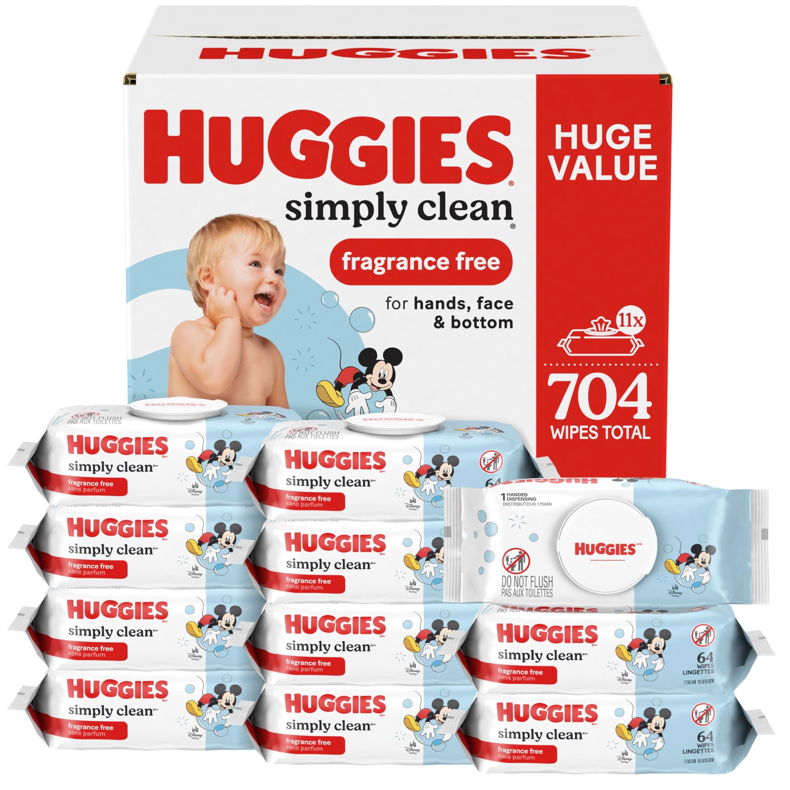 Huggies Simply Clean Unscented Baby Diaper Wipes, 11 Flip-Top Packs (704 Wipes Total), Packaging May Vary 64 Count (Pack of 11)