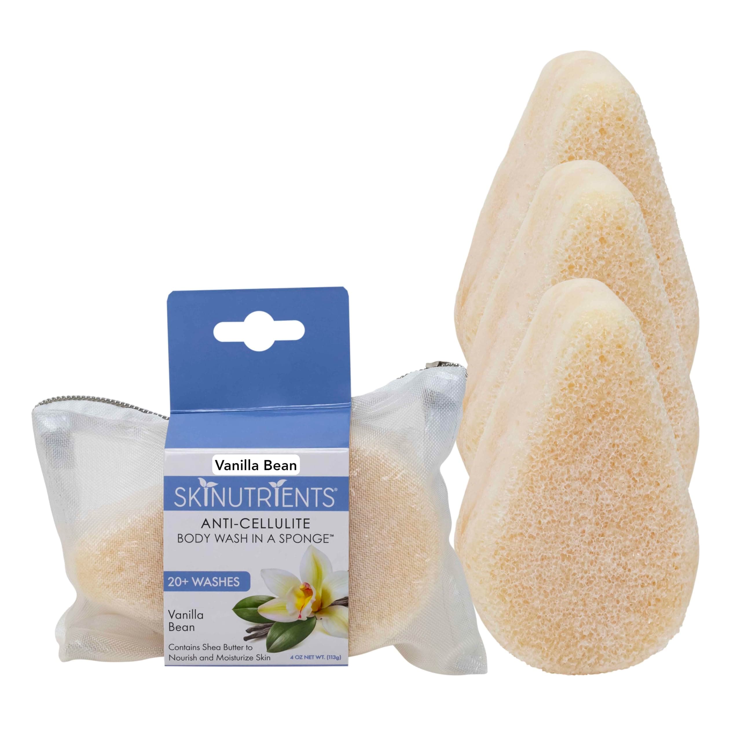 Spongeables Anti Cellulite Body Wash in a 20+ Wash Sponge, Vanilla Bean, 3 Count Vanilla Bean 3 Count