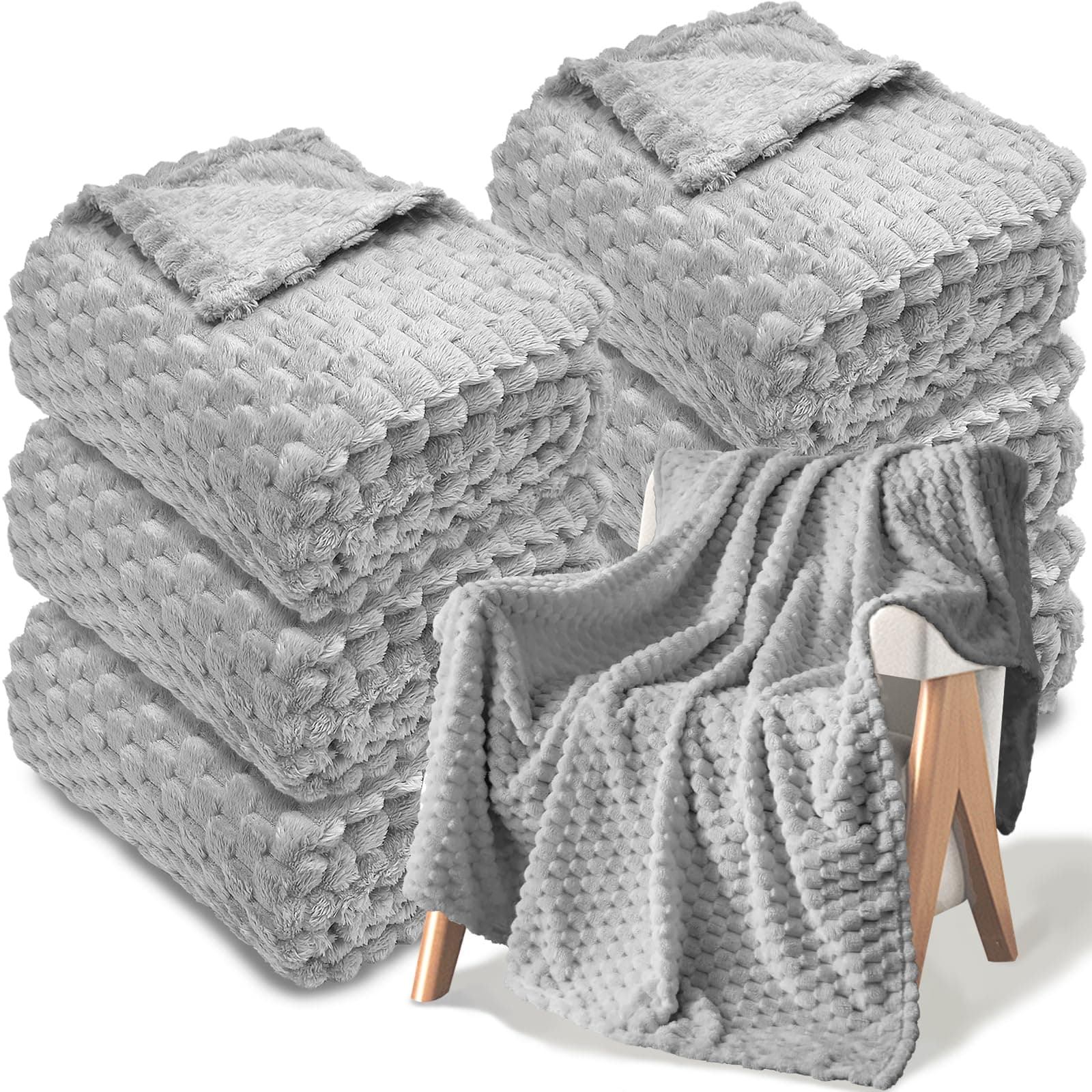 6 Pcs Flannel Throw Blanket Bulk 50 x 60 Inch - 240 GSM Turtle Velvet Jacquard Decorative Blankets Soft Lightweight Bed Throw for Sofa Pet Bed Party Outdoor Wedding Ideas Donation Homeless Gifts, Gray