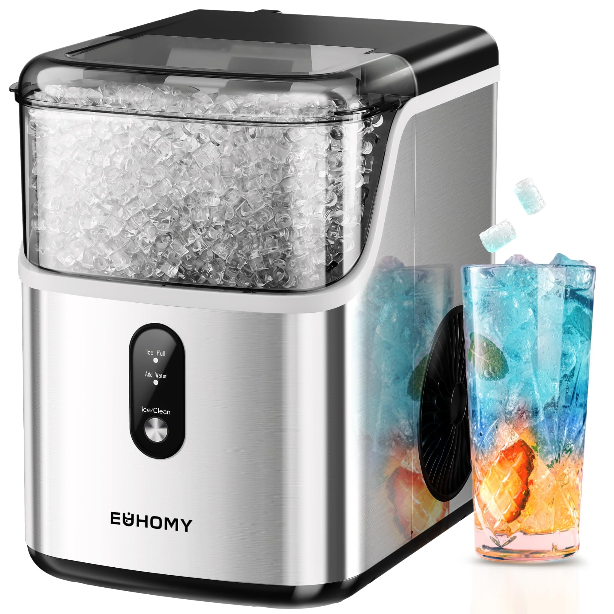 EUHOMY Nugget Ice Maker Countertop, Ready in 7 Mins, 34Lbs/24H Pebble Ice Maker Machine, Self-Cleaning Countertop Sonic Ice Makers with Ice Scoop&Basket, Pellet Ice Maker for Home, Stainless Steel Stainless Steel 34LBS/Day