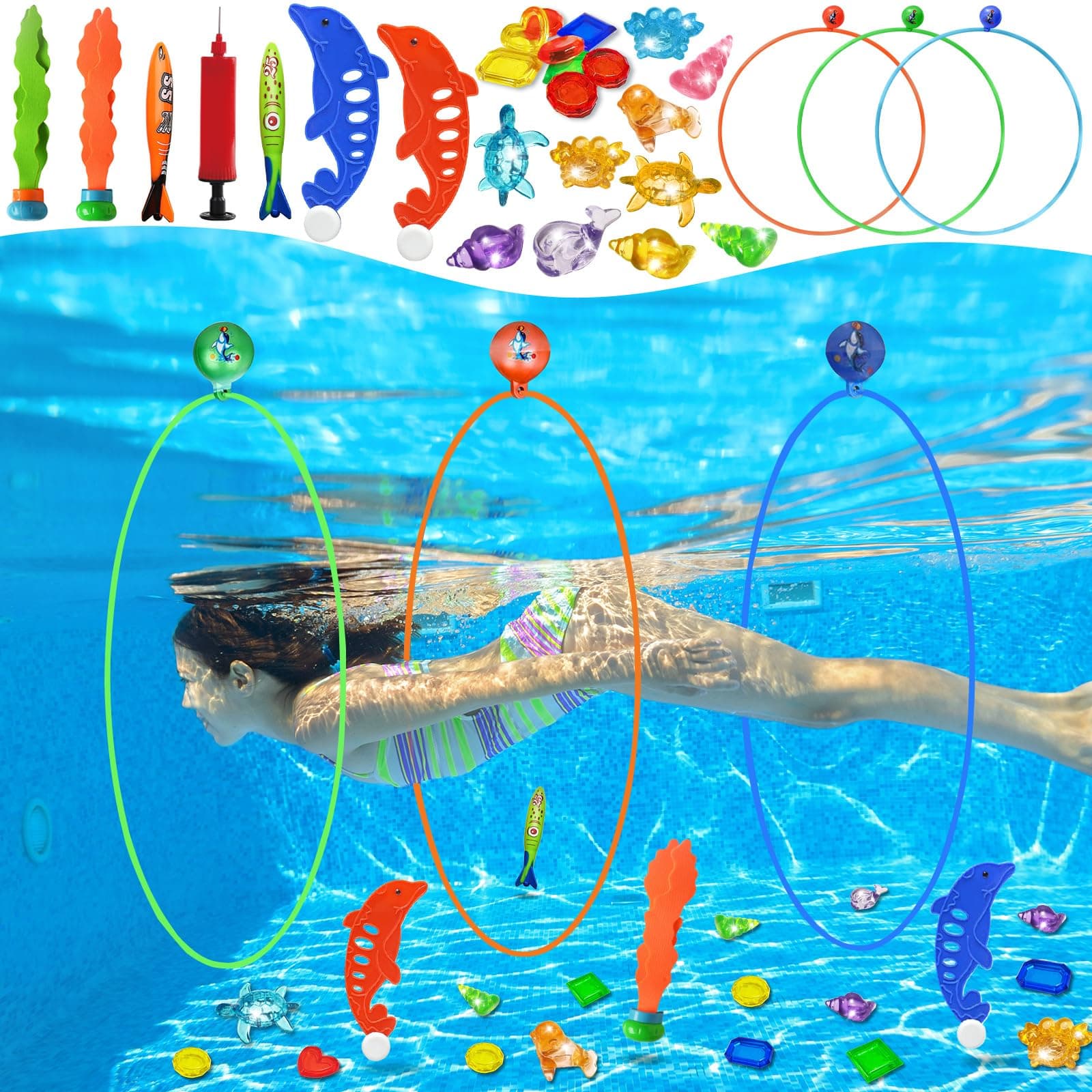Jasonwell Pool Toys Diving Rings - 28PCS Swim Thru Rings Pool Game Diving Toys with Dive Ring Underwater Treasures Torpedo Bandits Fish Toy Fun Water Swimming Toy for Boys Girls Kids Teens Adults Green&orange&blue