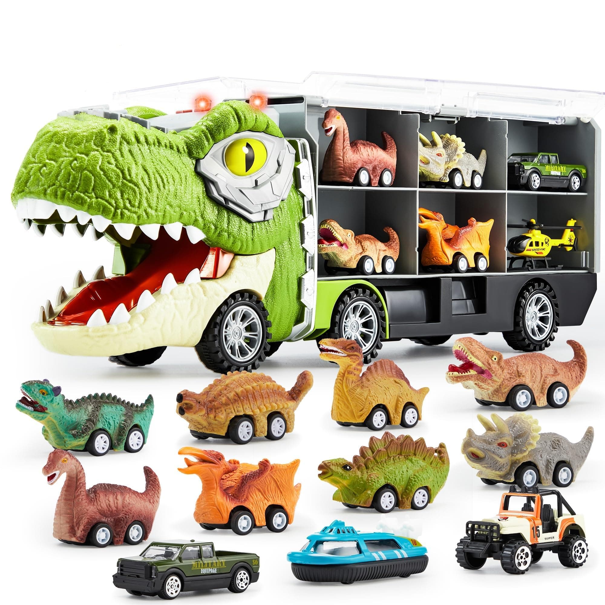 JOYIN 13 in 1 Dinosaur Toys for Kids 3-5, Dinosaur Truck with 12 Pull Back Cars, Birthday Gifts Toys for 3 4 5+ Year Old Boy, Transport Carrier Truck for Toddlers, Christmas Great Gifts for Grandkids Tyrannosaurus Truck
