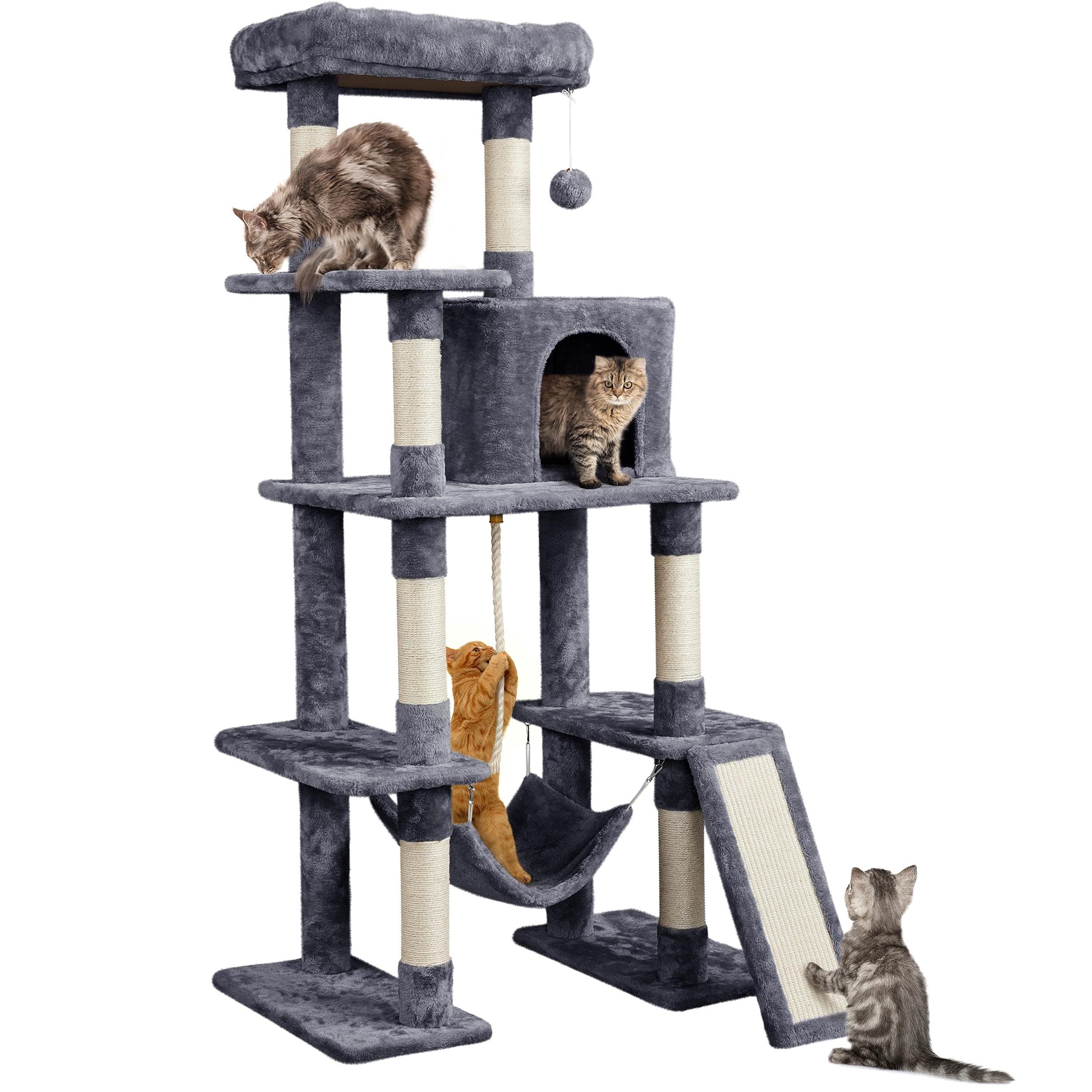 Yaheetech Large Multi-Level Cat Tree, 63 Inches Tall with Sisal-Covered Scratching Posts, Condo, Hammock, Dangling Ball, and Extended Platform for Cats to Play and Sleep Dark Gray 63in