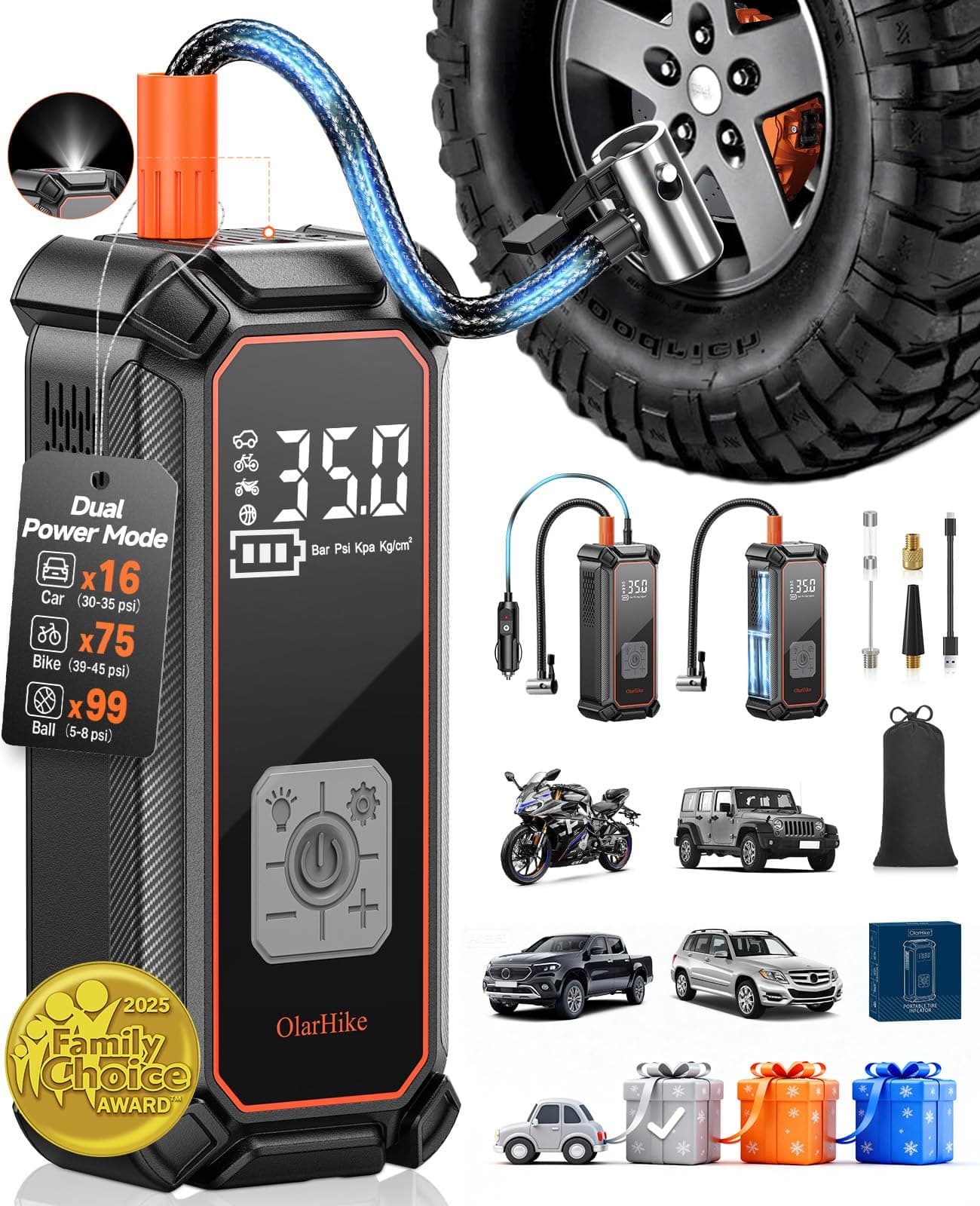OlarHike Cordless Tire Inflator Portable Air Compressor, 150PSI Dual Power - 5400 mAh & 12V DC, Air Pump for Car Tires, Bike, Motorcycle, Bicycle, Electric Pump with LED Light & Digital Pressure Gauge 1-gray 5400mah with Cable (Car&SUV)