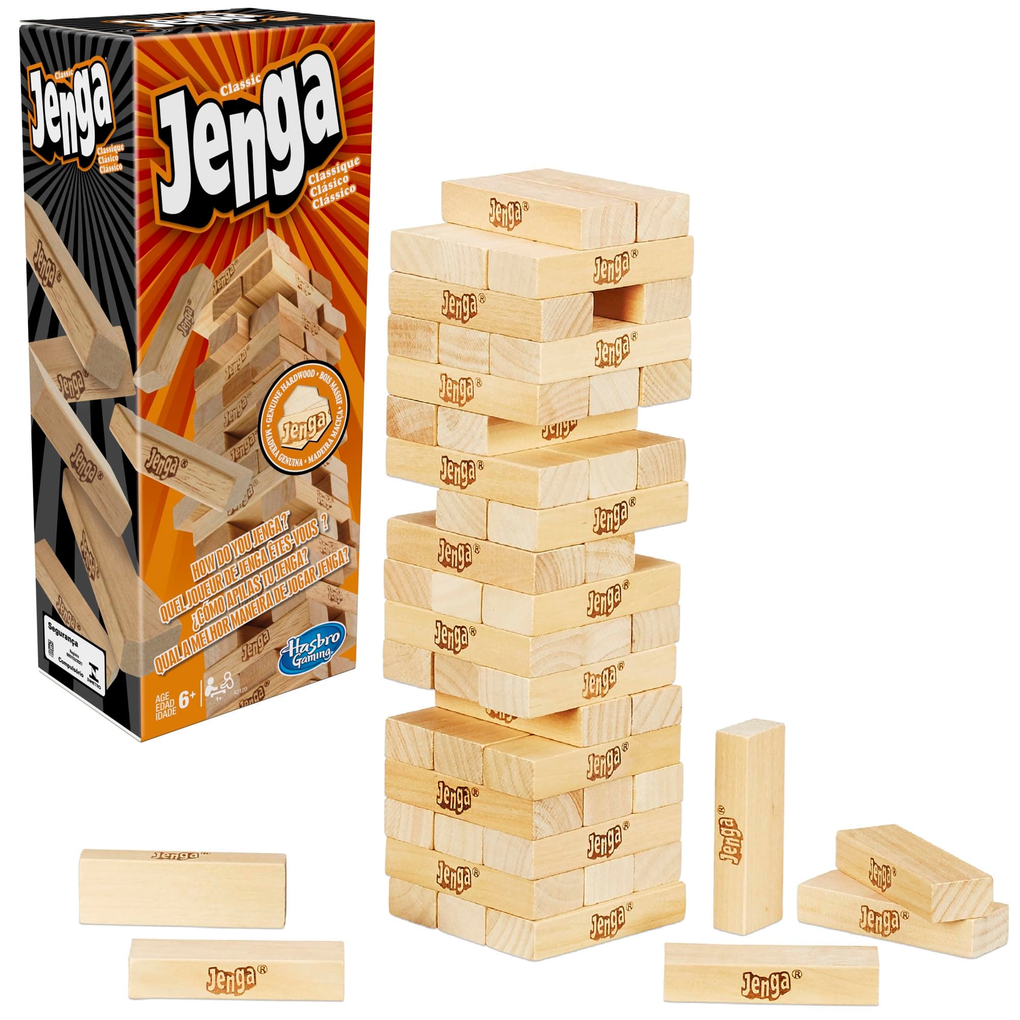Jenga Game | The Original Wood Block Game with Genuine Hardwood Blocks | Stacking Tower | Ages 6+ | 1 or More Players | Party Games for Kids | Family Games Jenga Classic