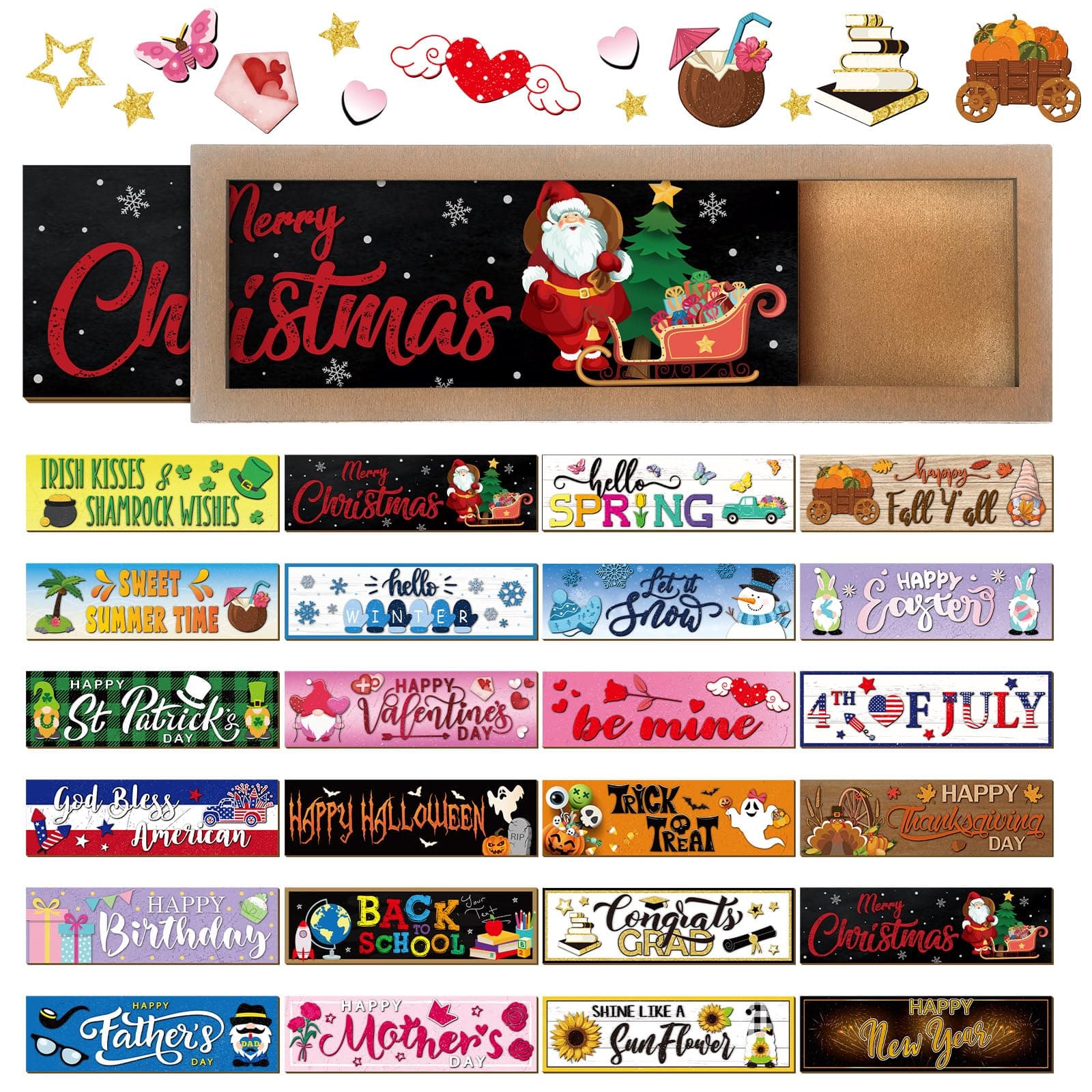 Barydat Interchangeable Season Sign Interchangeable Welcome Wood Sign for Table Decorative Seasonal Sign Decor with a Wooden Frame Wreaths for Fall Thanksgiving Halloween Autumn Decor Retro