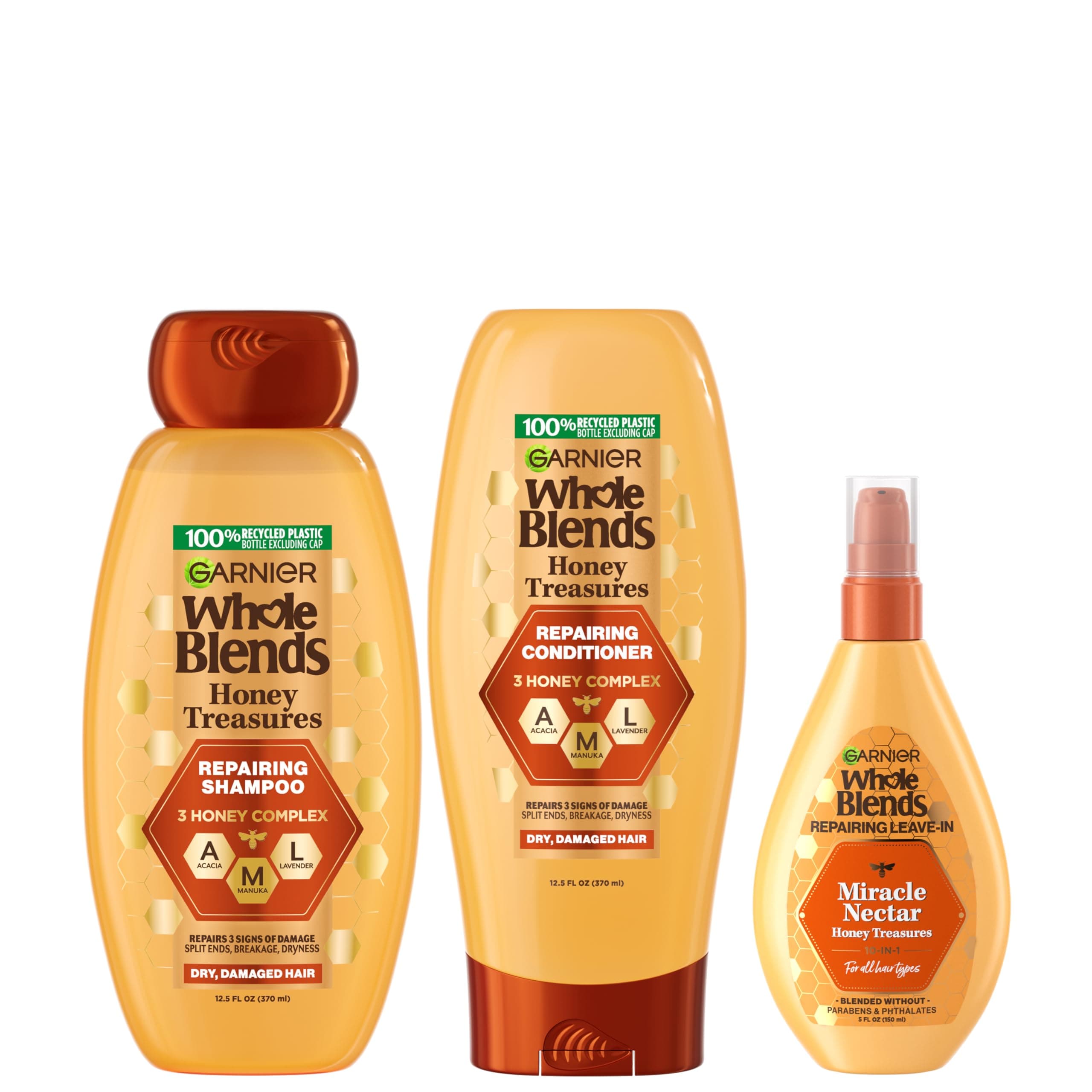 Garnier Whole Blends Honey Treasures Repairing Shampoo, Conditioner + Miracle Nectar Leave-In Set for Dry, Damaged Hair (3 Items), 1 Kit (Packaging May Vary) Honey 30 Fl Oz (Pack of 1)