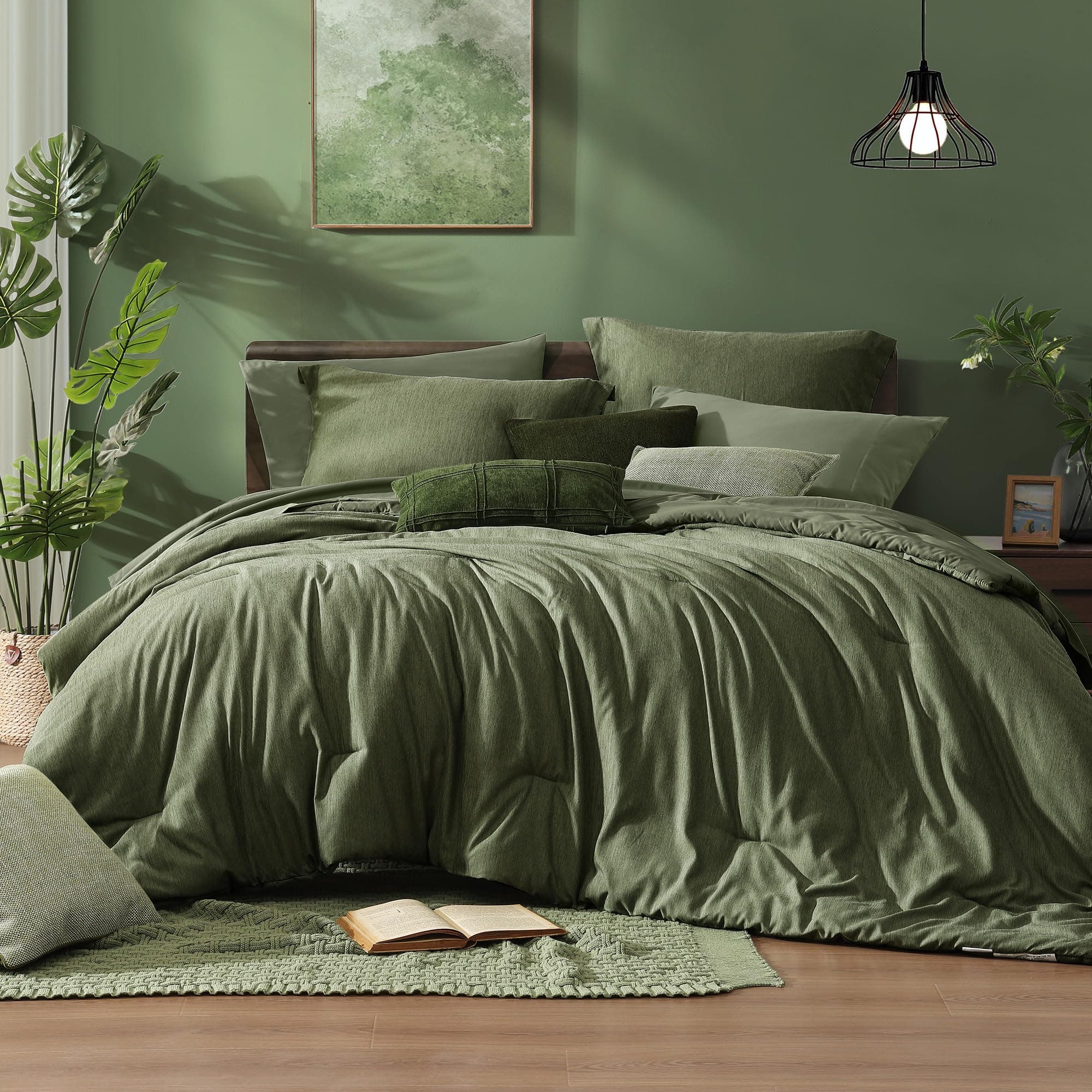 Monbix Queen Comforter Set - 7 Pieces Cationic Dyeing Olive Green Bed in a Bag Queen Bedding Sets with Comforter, Sheets, Pillowcases & Shams, Reversible Bedding Comforters Sets Olive Green 7Piece-Queen(90”X90'')